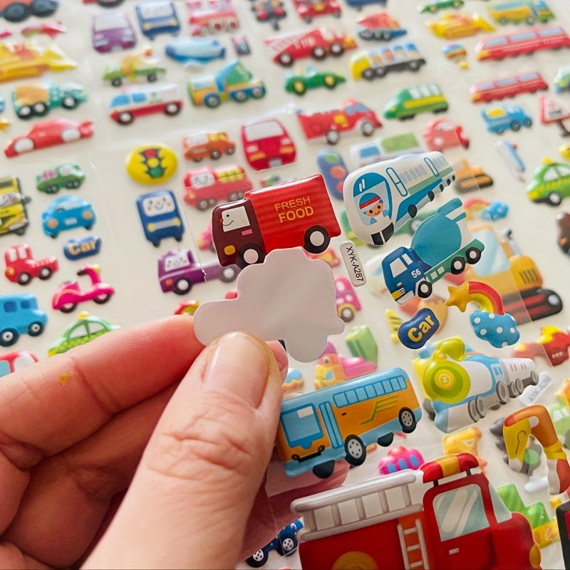 Set of 8 Cartoon Vehicle Stickers with 3D Stereoscopic Cars Fire Trucks and Excavators for Kids