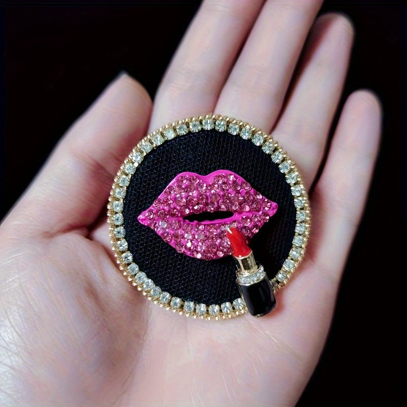 Vintage Red Lips Brooch with Rhinestone Accents Geometric Lipstick Design for Autumn Winter Fashion