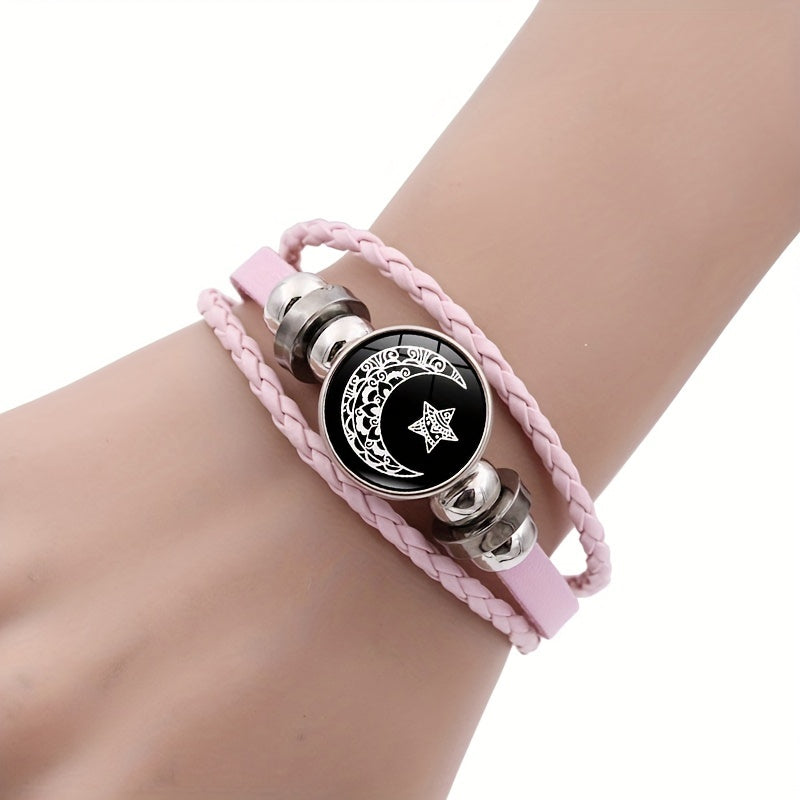 Set of 2 Luminous Sun Moon Lover Gemstone Bracelets for Women Men Beaded Leather