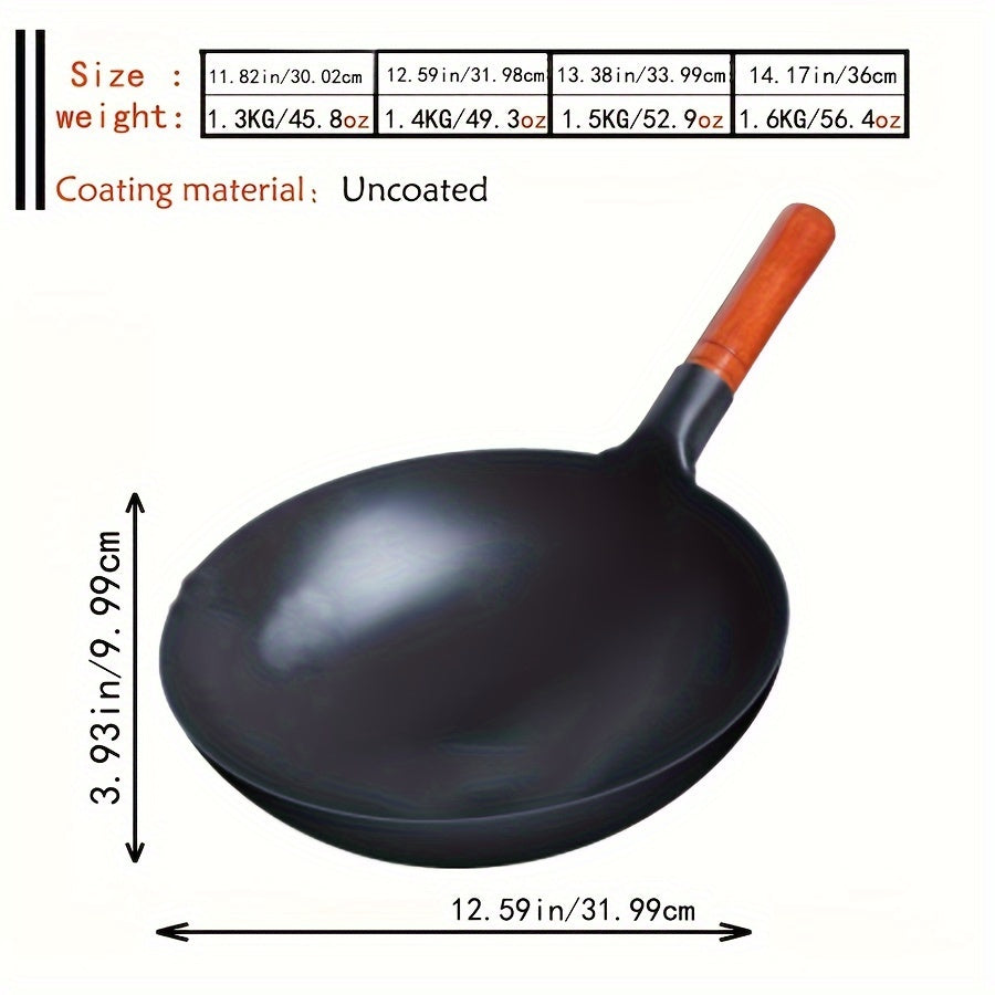 Traditional Chinese Cast Iron Wok with Wooden Handle Non-Stick Surface for Gas Stoves