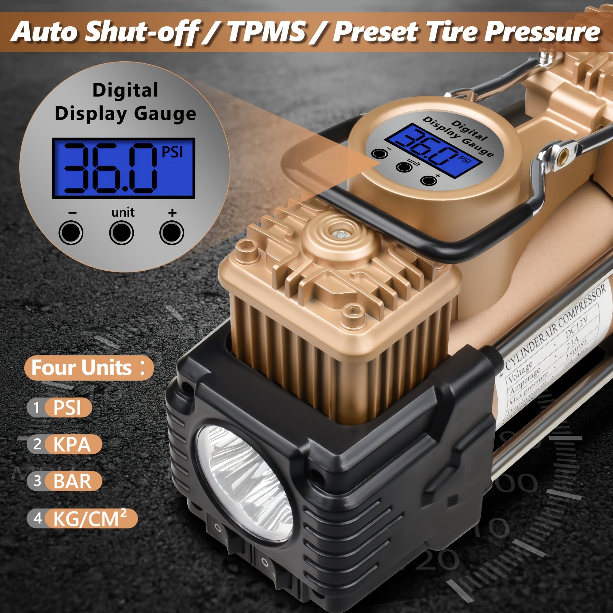 MESHUBA Ikki Silindrli Havo Kompressori: 12V 150 PSI, Avtomatik O'chirish, Raqamli O'lchov va LED Chiroq. Avtomobillar, velosipedlar, SUVlar uchun og'ir yuk ko'taruvchi portativ shinalar inflatori, aksessuarlar uchun olib yurish sumkasi bilan birga.