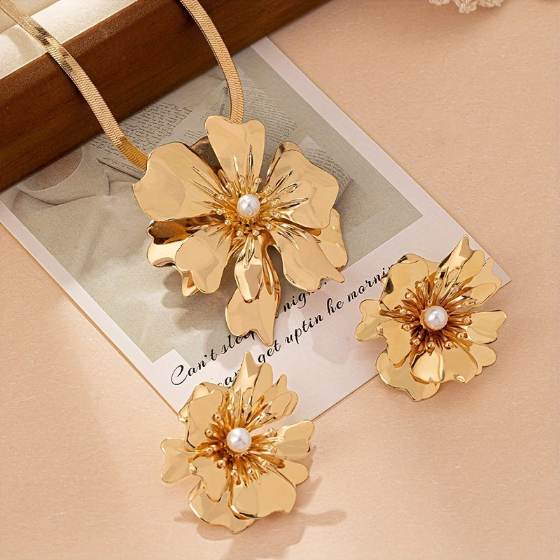 Women's Gold Jewelry Set with Flower Pendant and Earrings