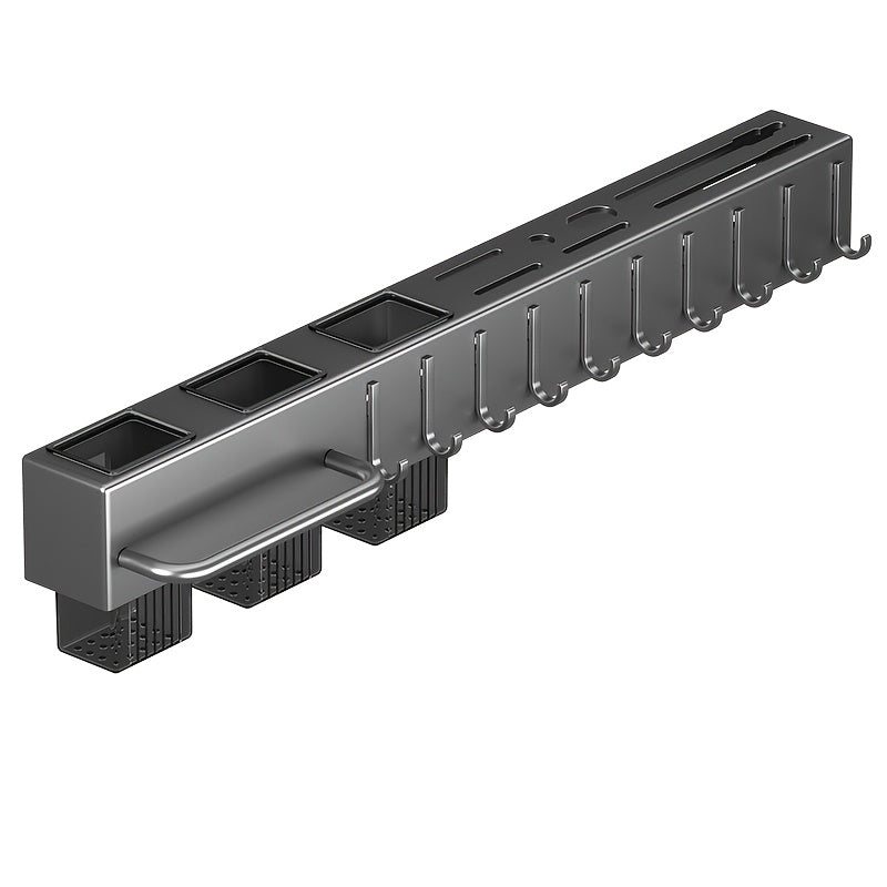 Wall-Mounted Kitchen Utensil Holder with Hooks, Metal and Plastic Storage Rack