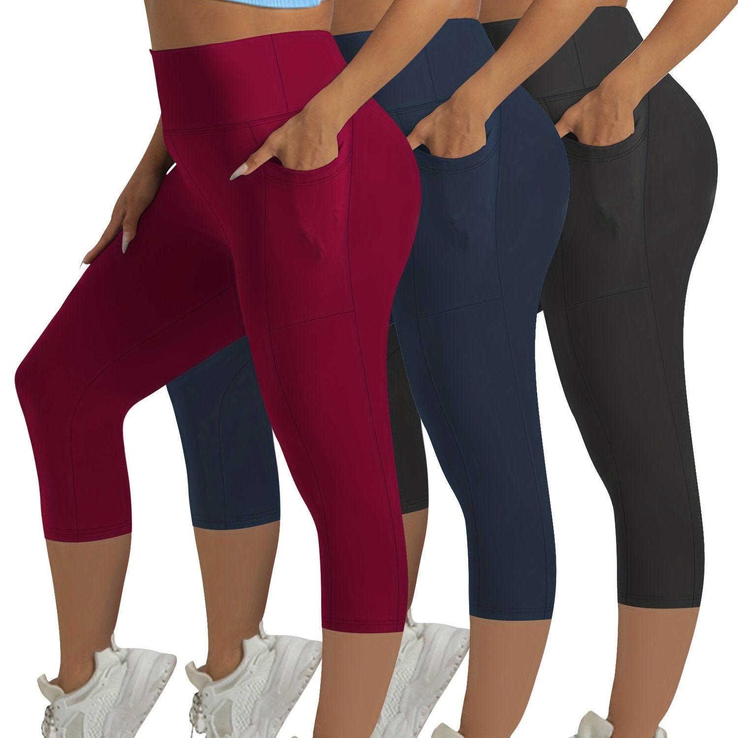 Plus Size Women's High-Waisted Tummy Control Capri Leggings 3-Pack