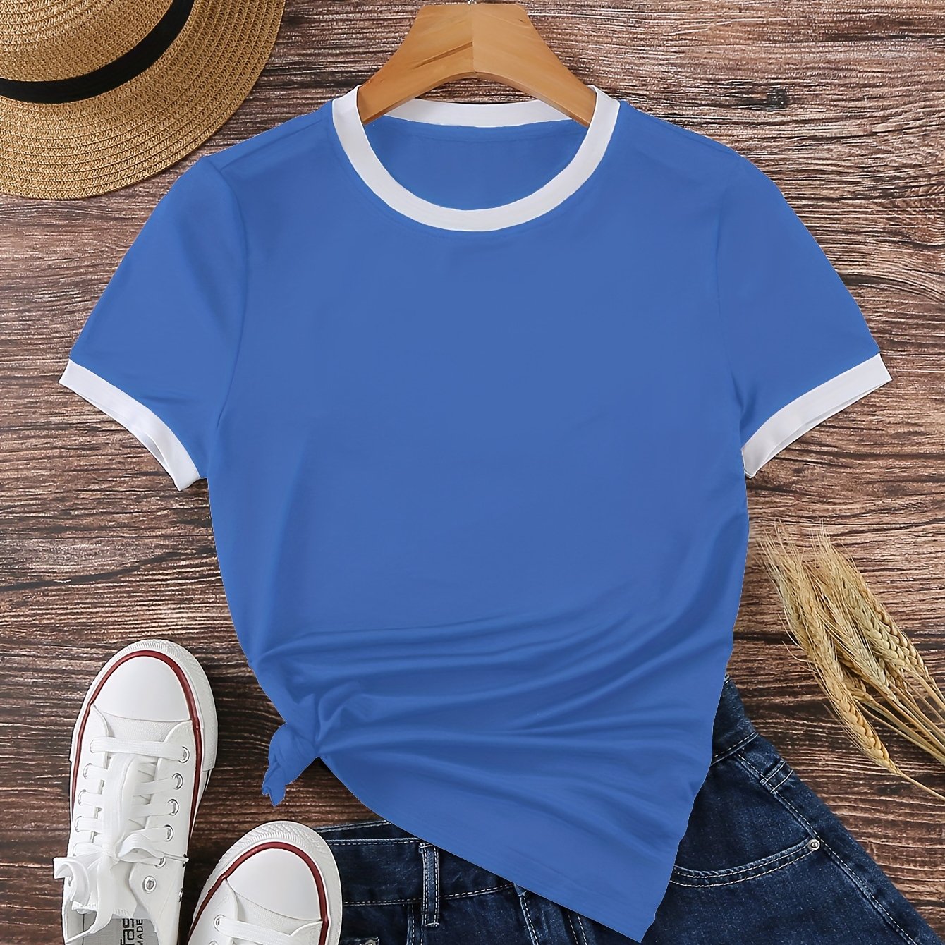 Women's Short Sleeve T-Shirt with Contrast Trim Casual Knit Crew Neck Spring Summer