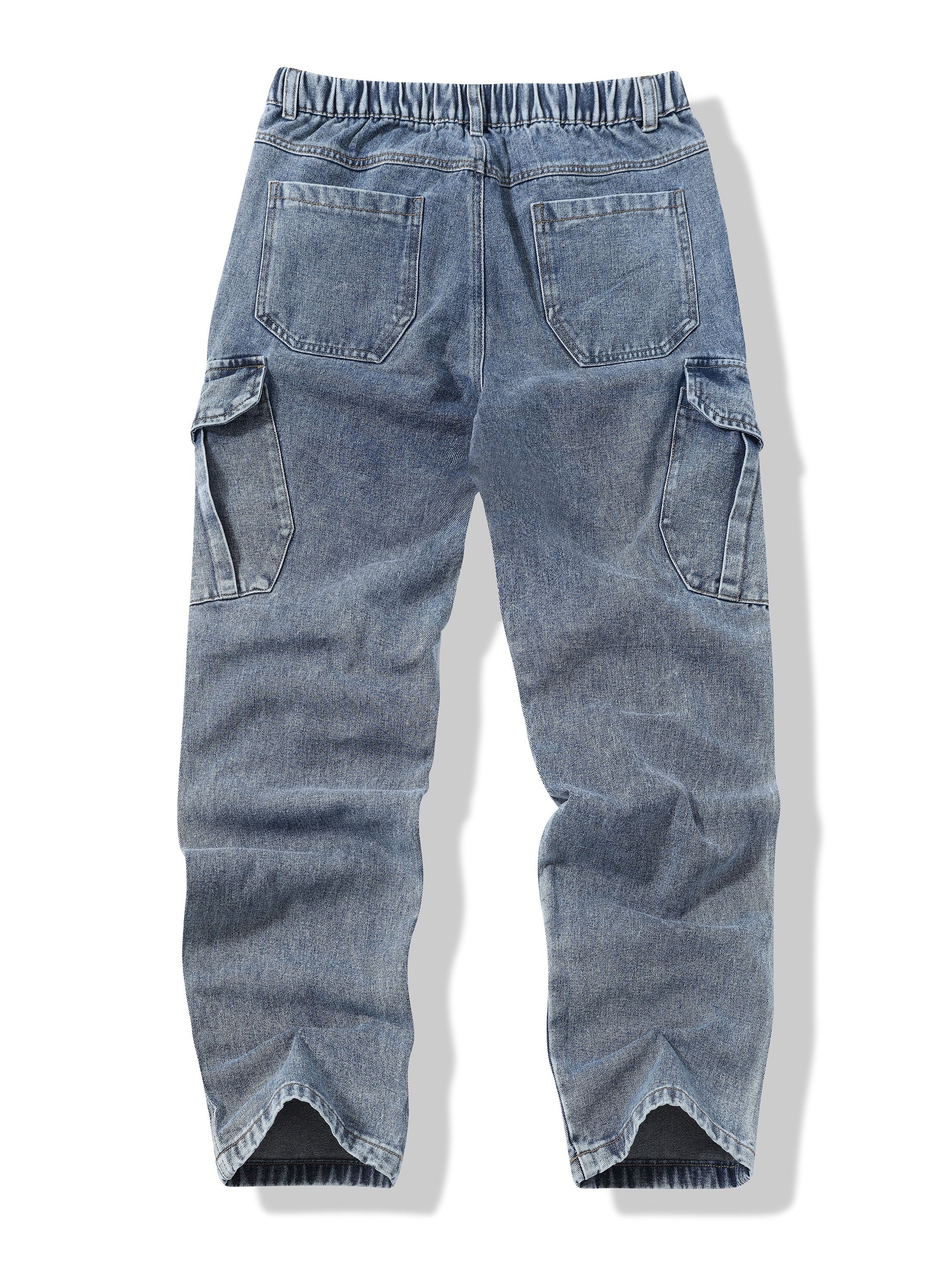 Vintage Washed Denim Cargo Pants for Men Loose Fit Mid-Waist Elastic Waist Multi-Pocket Street Style