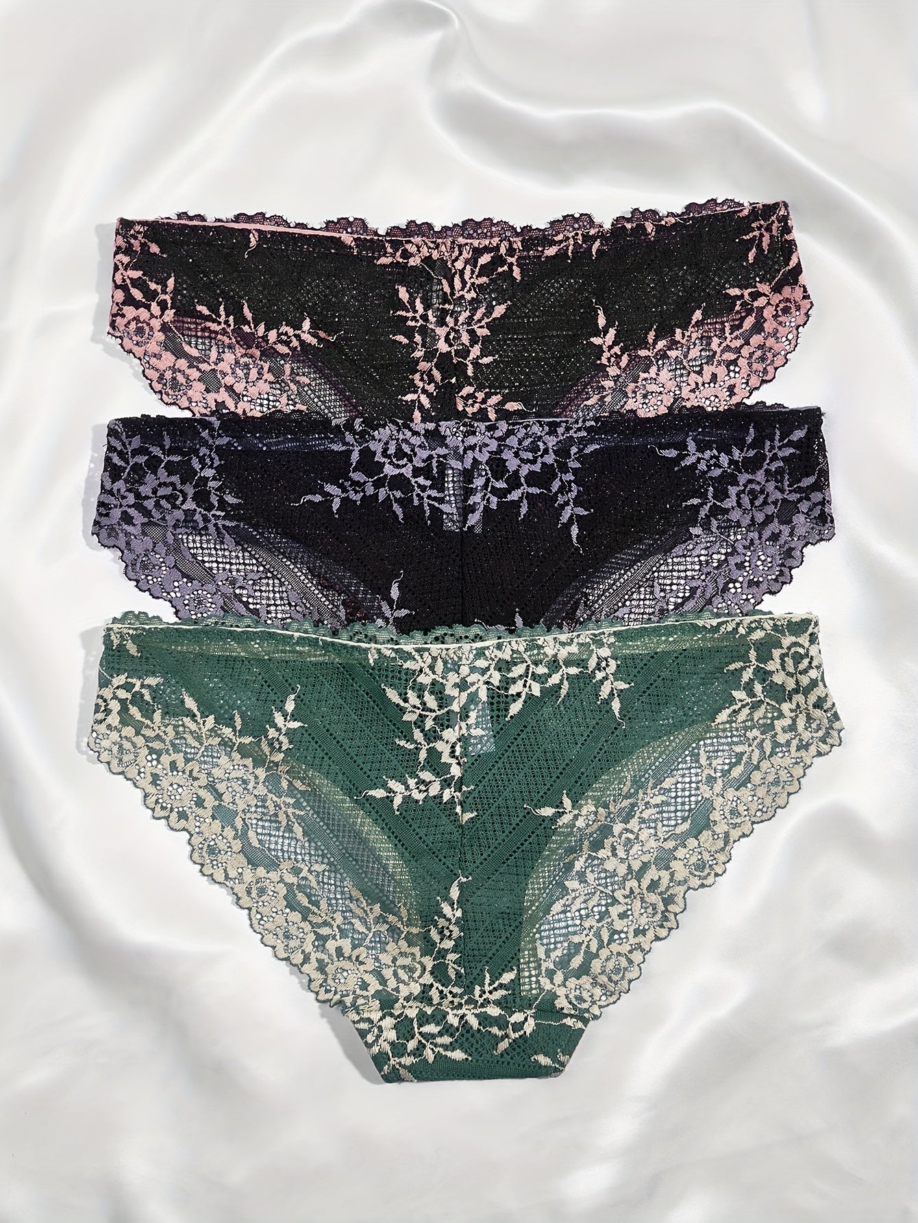 Women’s Lace Briefs 3-Pack Contrast Color Block Breathable Stretchy Underwear