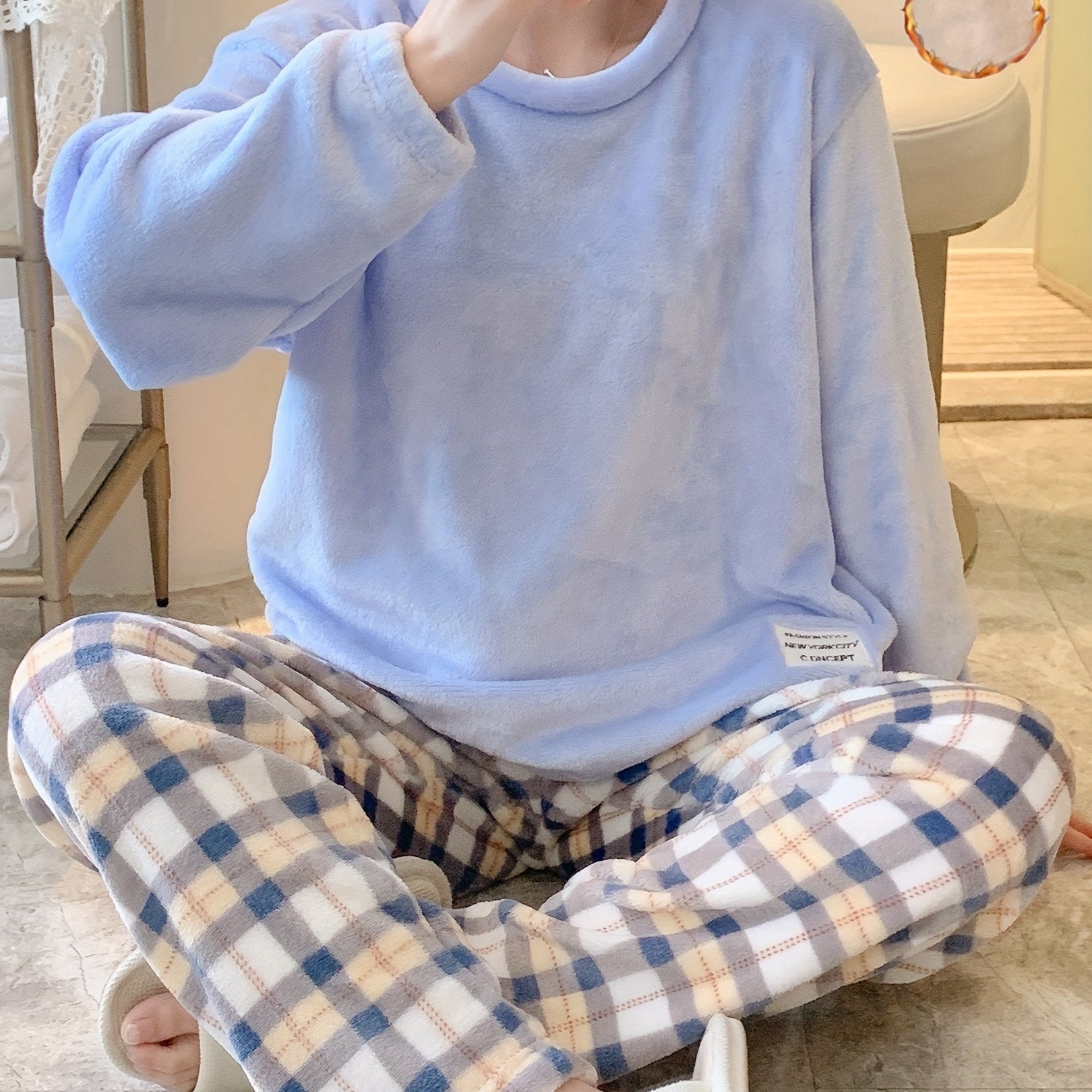 Women's Plaid Fuzzy Pajama Set Long Sleeve Crew Neck Elastic Waist Pants Winter Sleepwear Loungewear