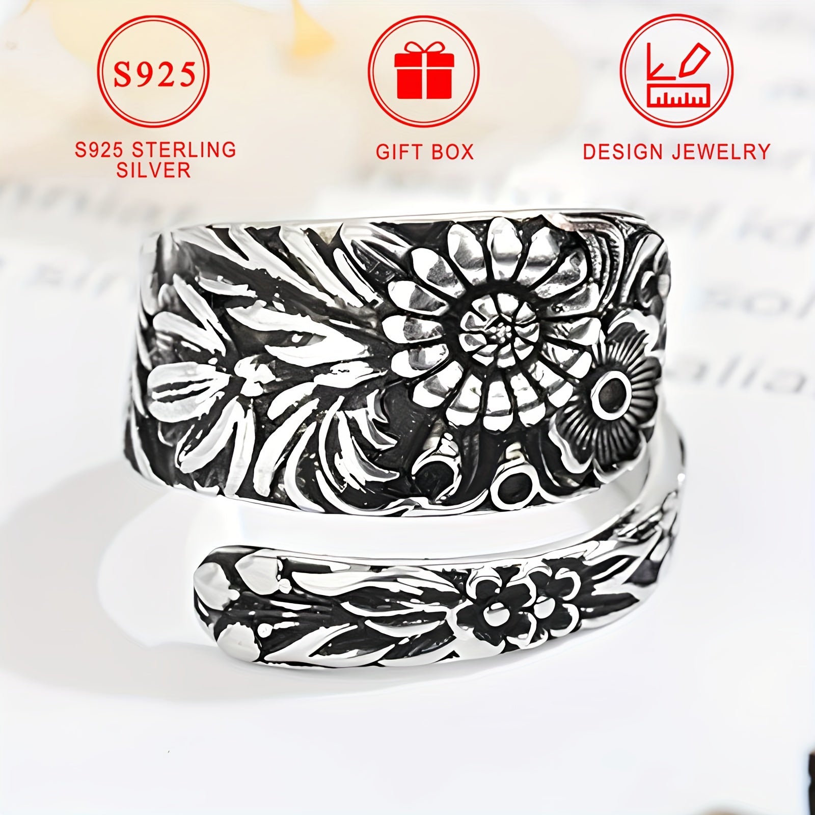 Sterling Silver Spoon Ring Boho Sunflower Cherry Blossom Vintage Style Gift Box