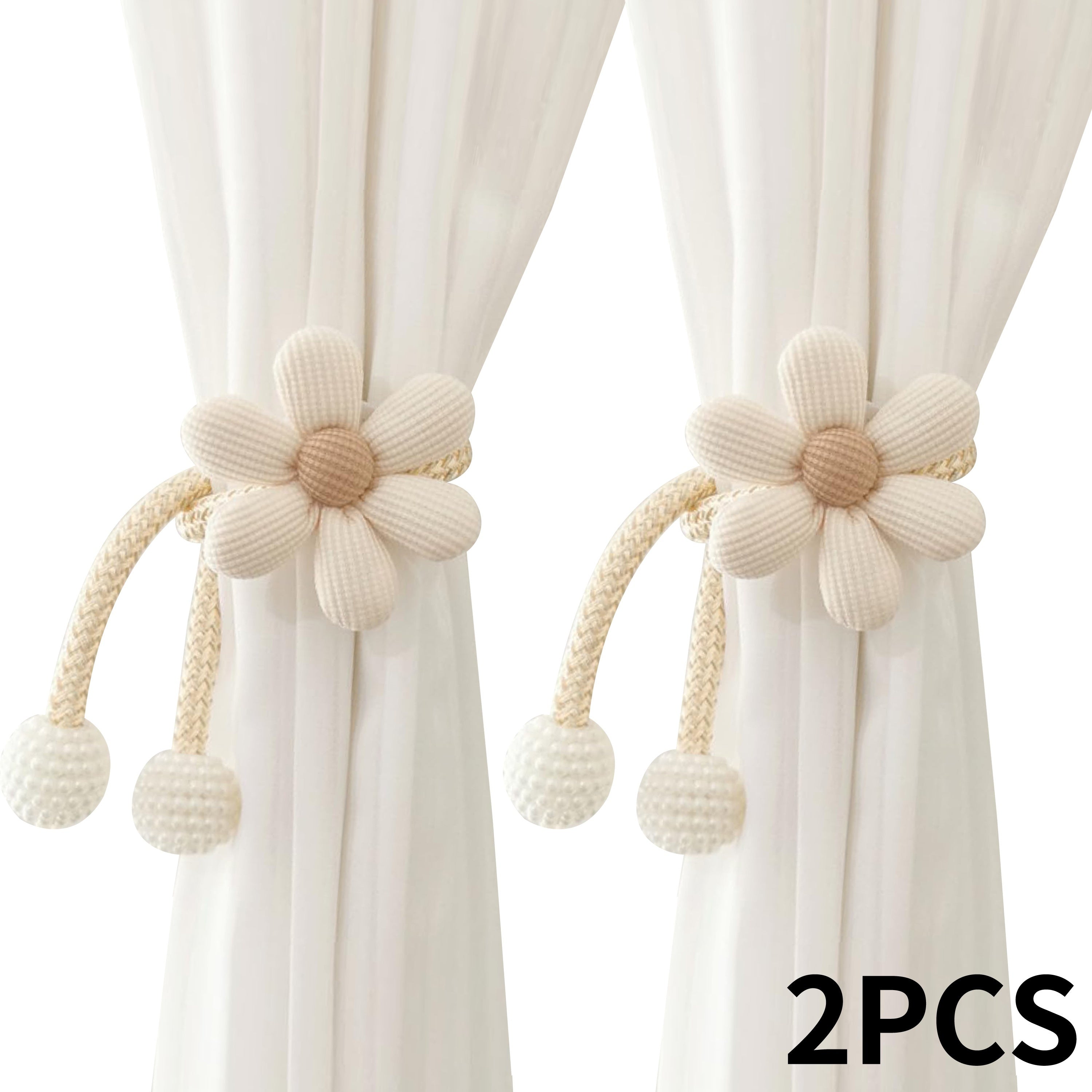 Set of Two Curtain Tiebacks with Cartoon Flowers and Faux Pearls for Bedrooms and Living Rooms