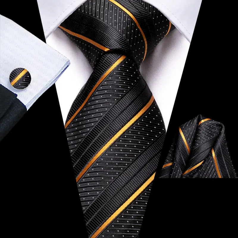 Men's Striped Necktie Cufflink Handkerchief Set for Business and Gifting