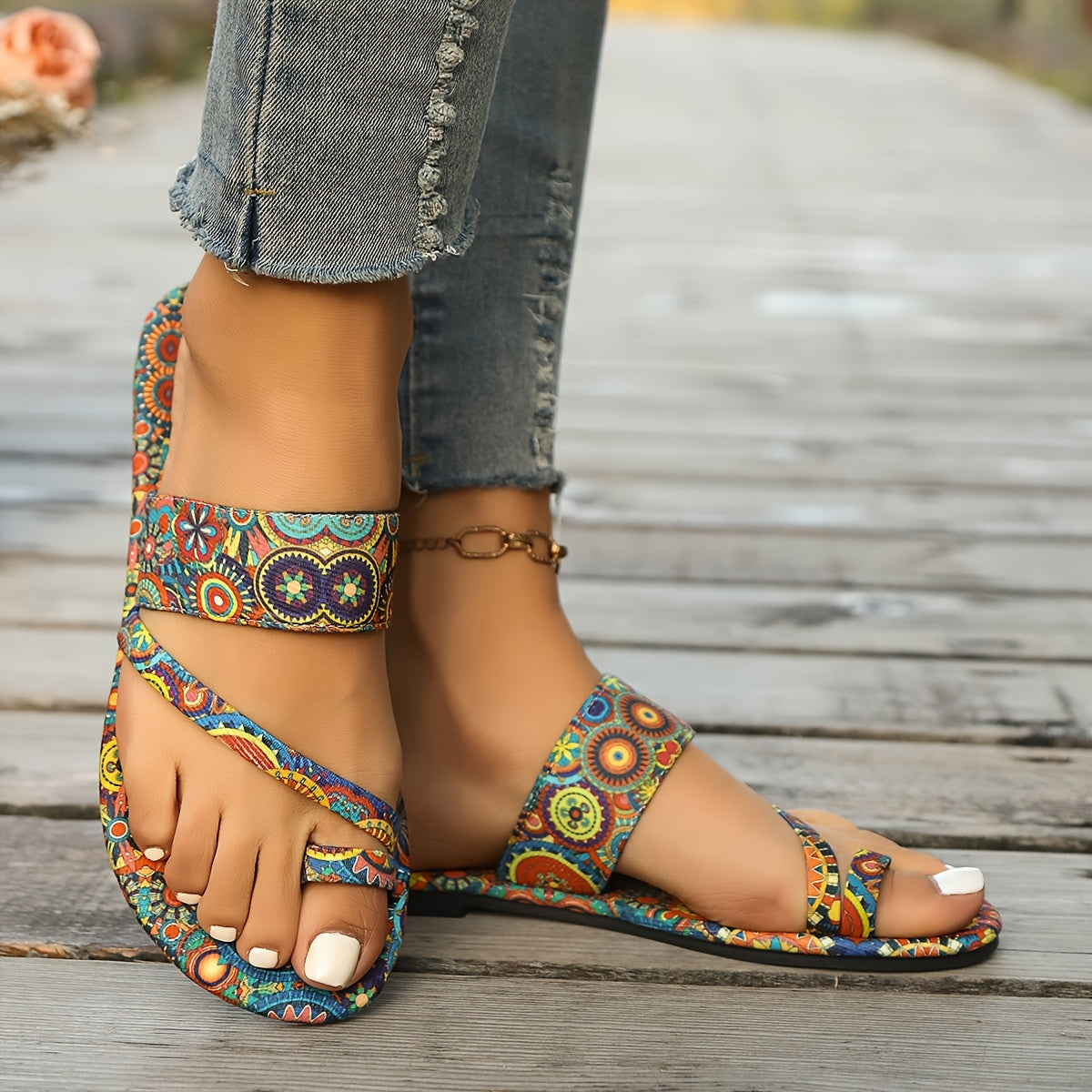 Women’s Bohemian Flat Sandals Summer Open Toe Slides with Buckle