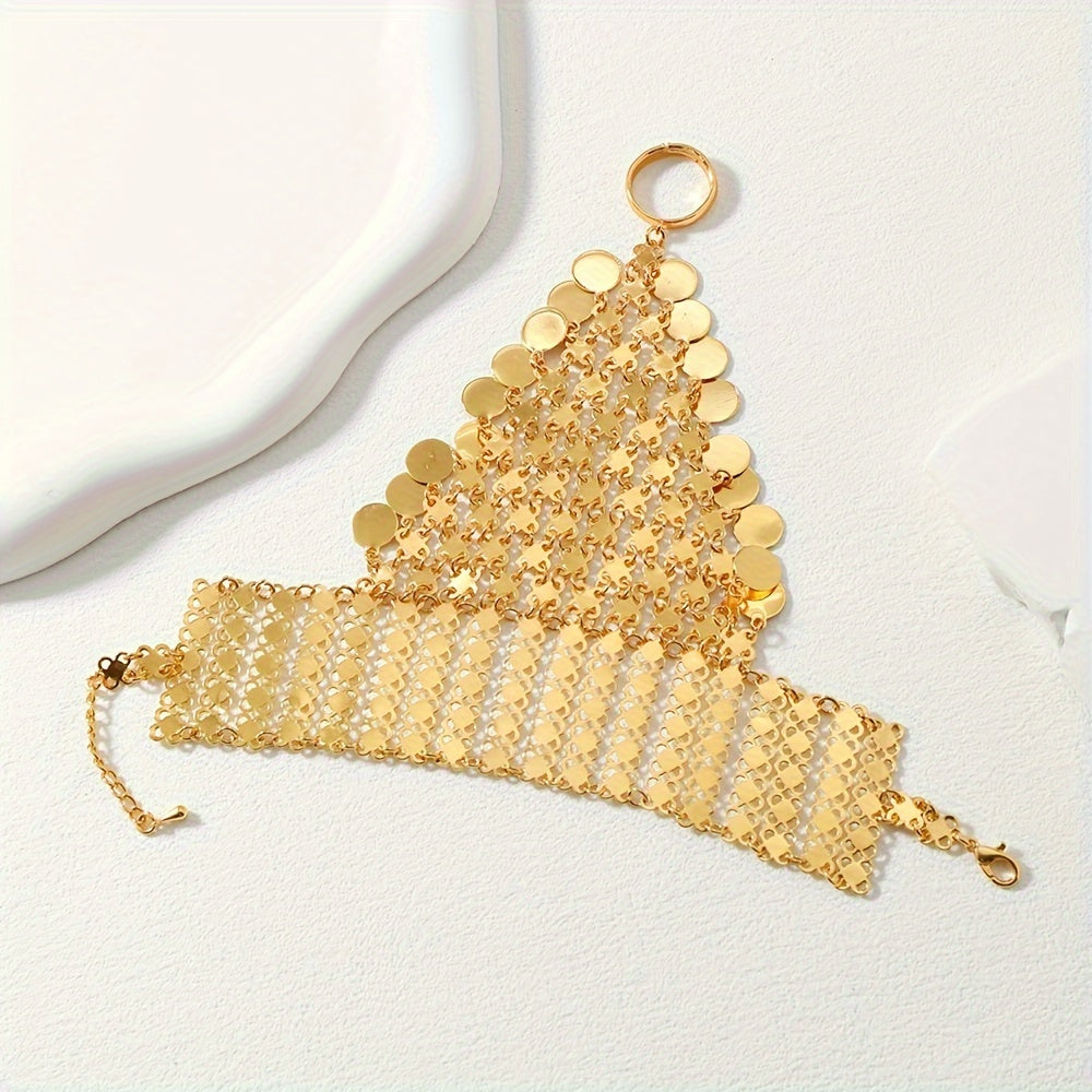 Gold Plated Boho Hand Chain Bracelet with Coin Tassel for Belly Dancing and Bollywood Style