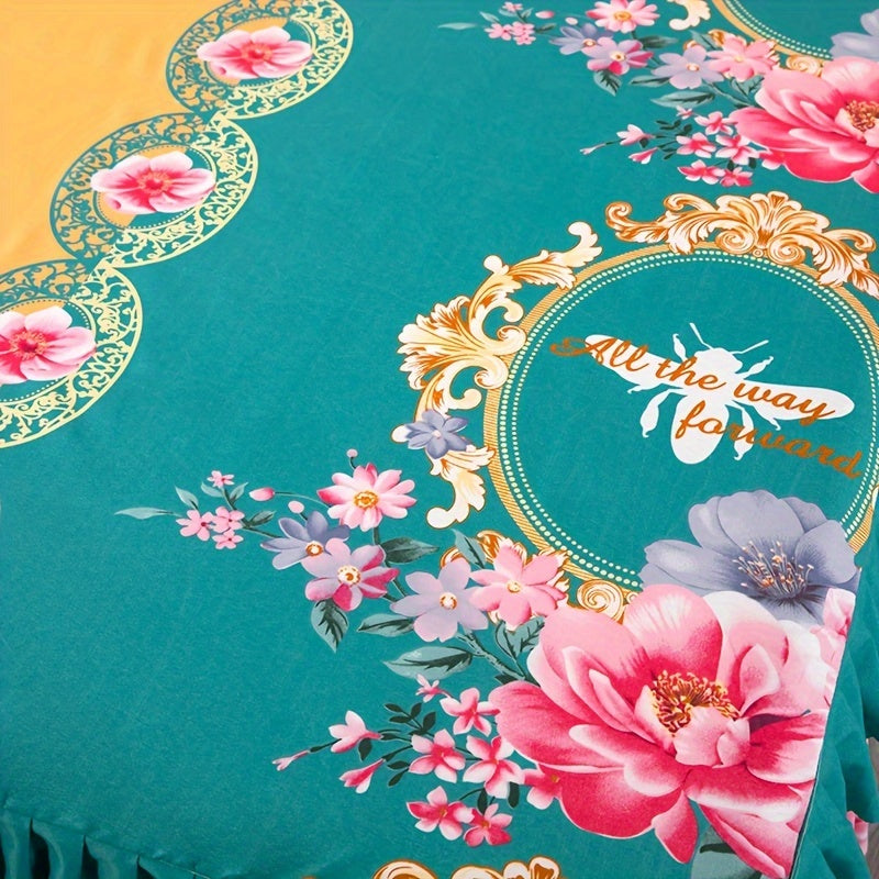 Traditional Chinese Peony Floral Bed Skirt with Lucky Bee Accents 100% Polyester