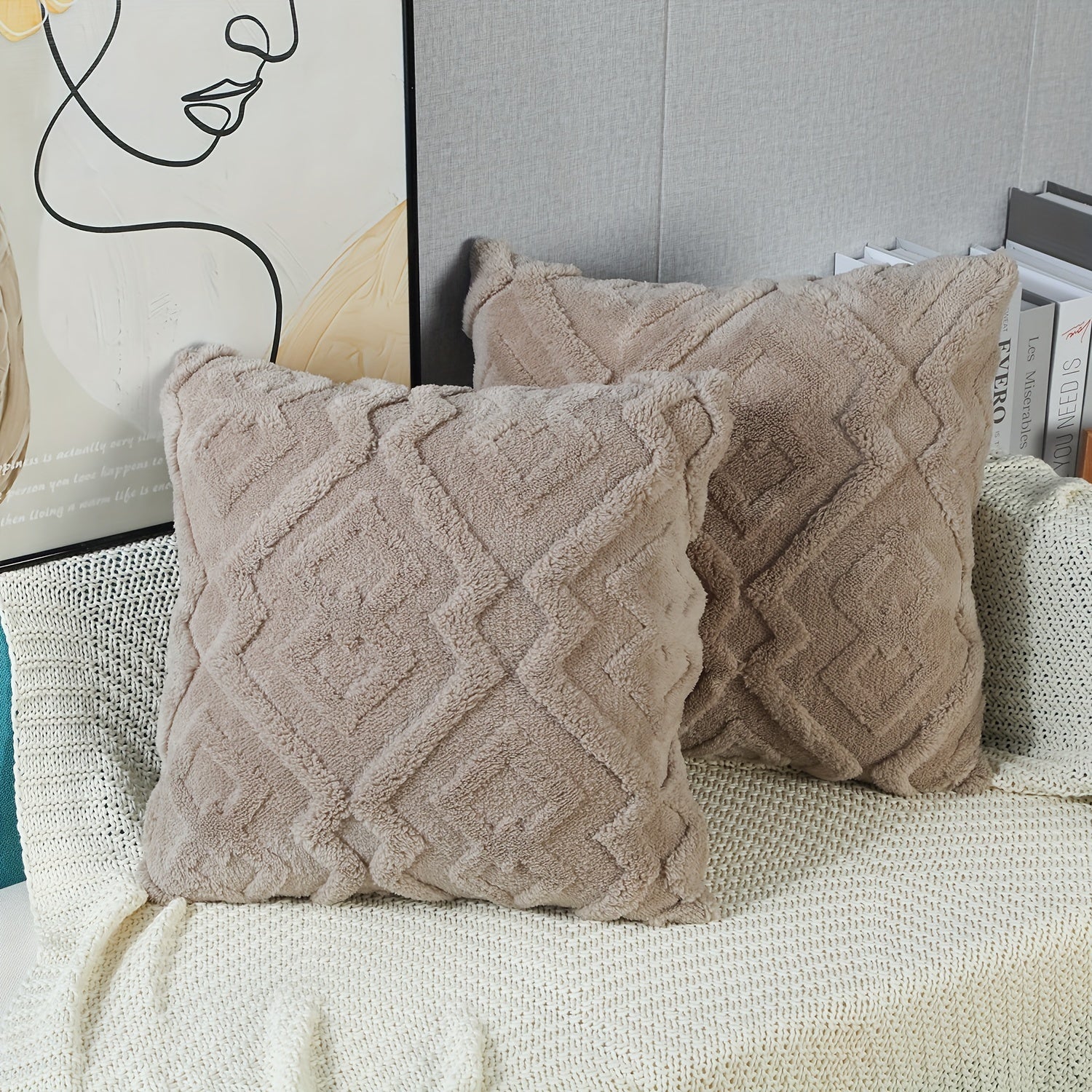 Plush Faux Wool Velvet Pillow Cover Cream Beige Geometric Zippered Decor