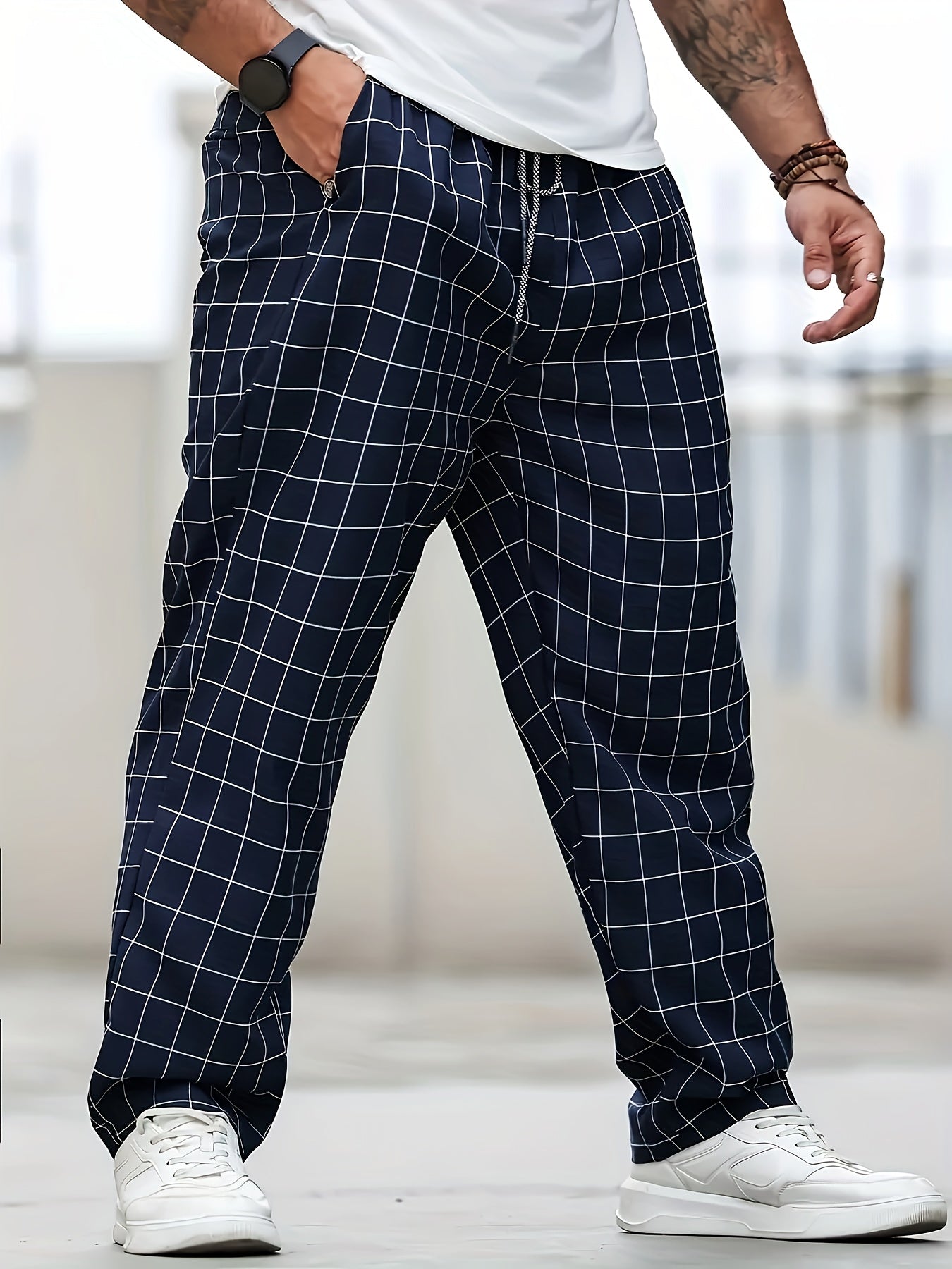 Pantalones jogger casual de cuadros de poliéster tejido de tamaño grande para hombre con cintura ajustable