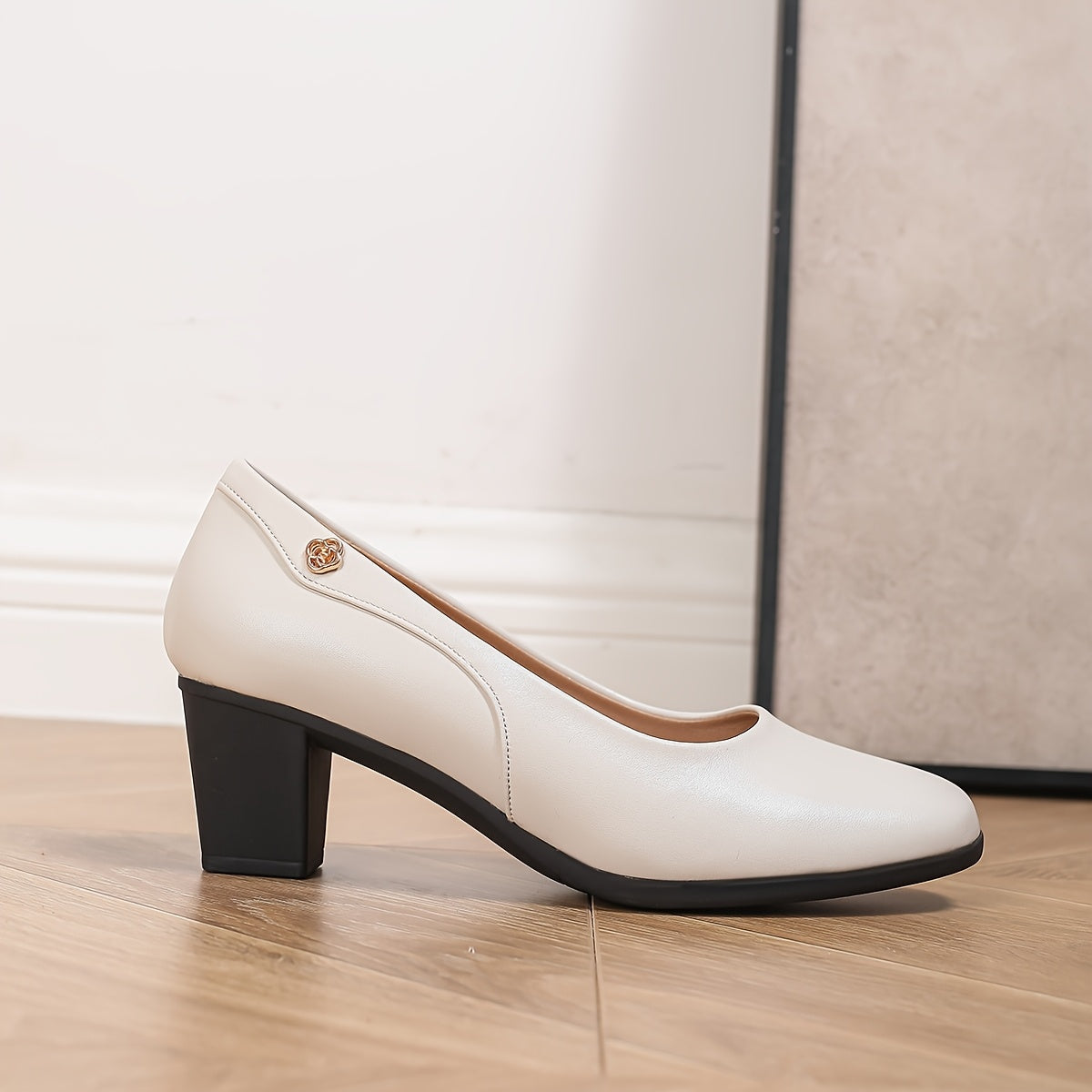 Women's Black Faux Leather Square Toe Pumps with Buckle, Mid-Chunky Heel