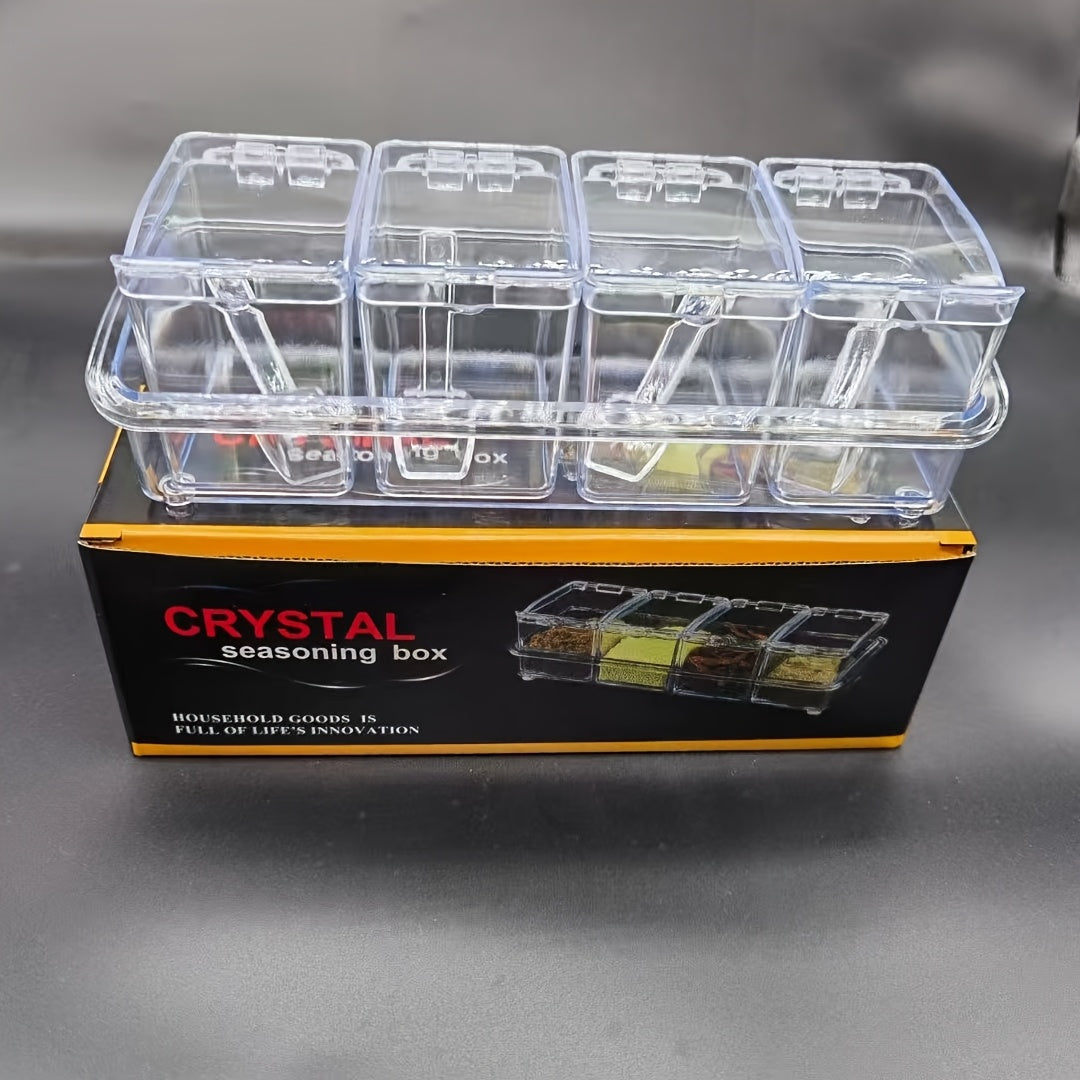 Set of 4 Plastic Spice Jars with Spoons and Tray Food-Safe Storage Containers for Salt Sugar Pepper