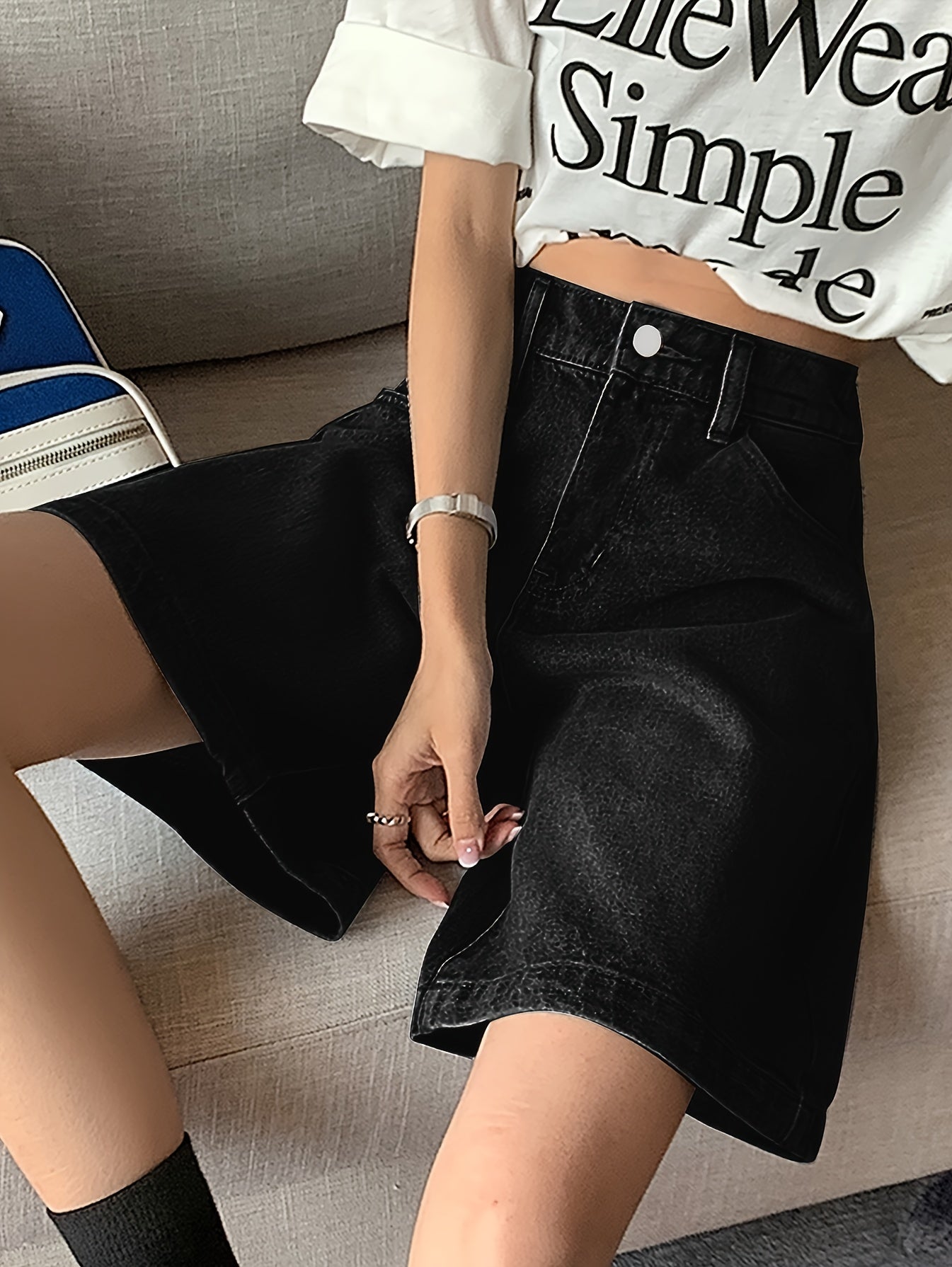 Women's High-Waisted Denim Pants with Elastic Waist Wide Leg Bermuda Summer Style