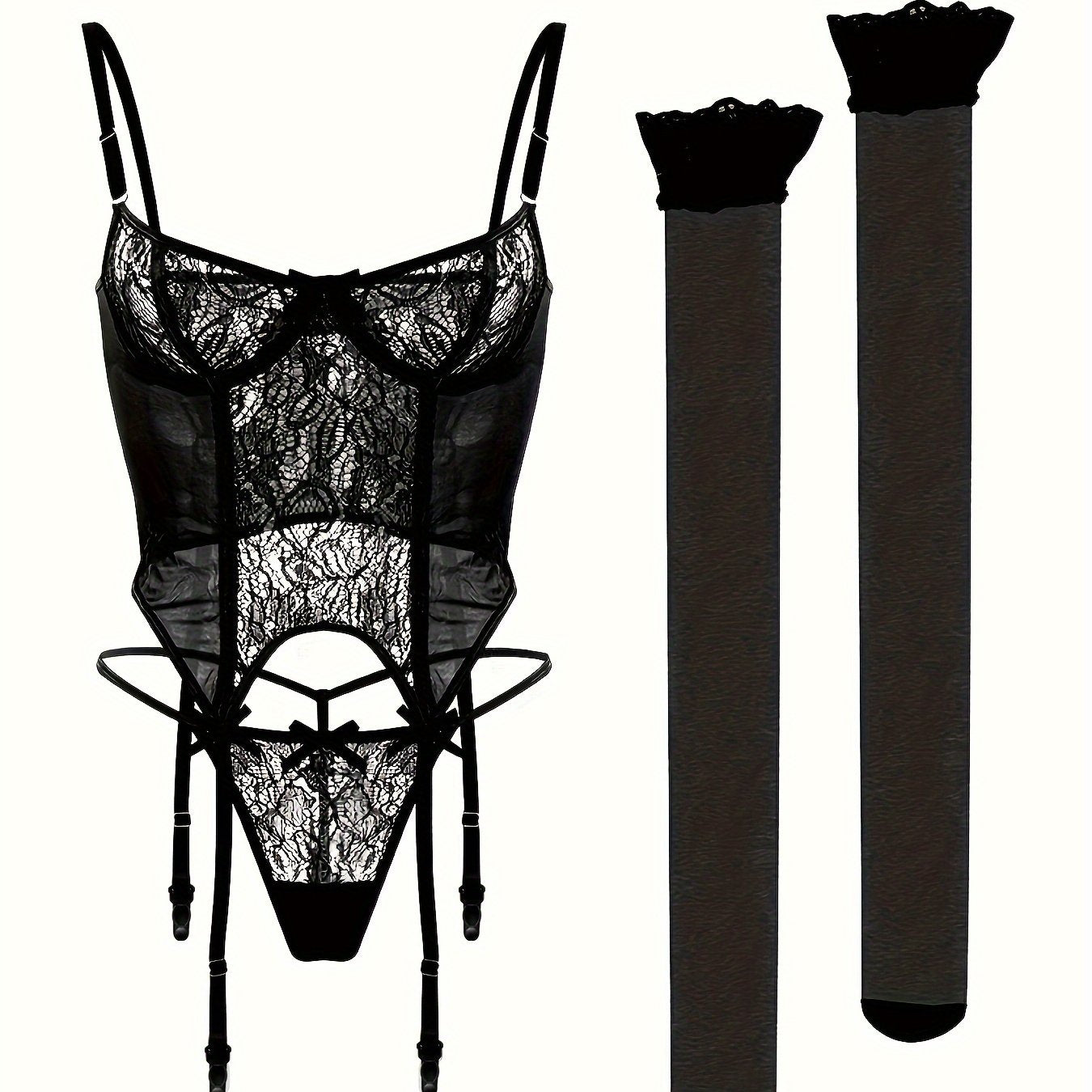 Women's Floral Mesh Lingerie Set with Lace Bra Garter Belt G-String and Stockings