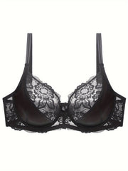 Plus Size Elegant Underwired Non-Padded Bra with Bow and Contrast Lace