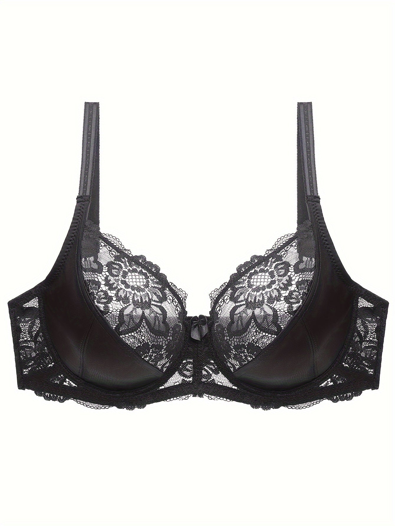 Plus Size Elegant Underwired Non-Padded Bra with Bow and Contrast Lace