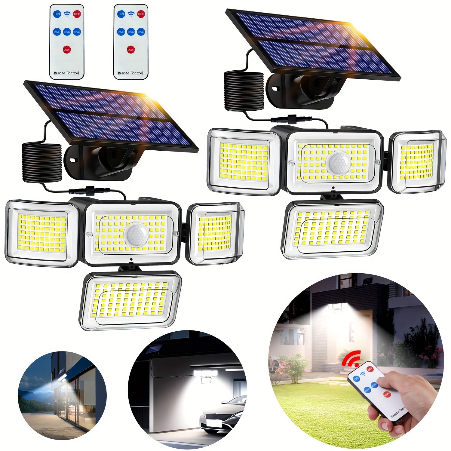 Solar-Powered Motion Sensor Light with Remote Control 288 LED 4-Head Security Floodlight 300° Wide Angle for Garden Yard Pathway Garage Street