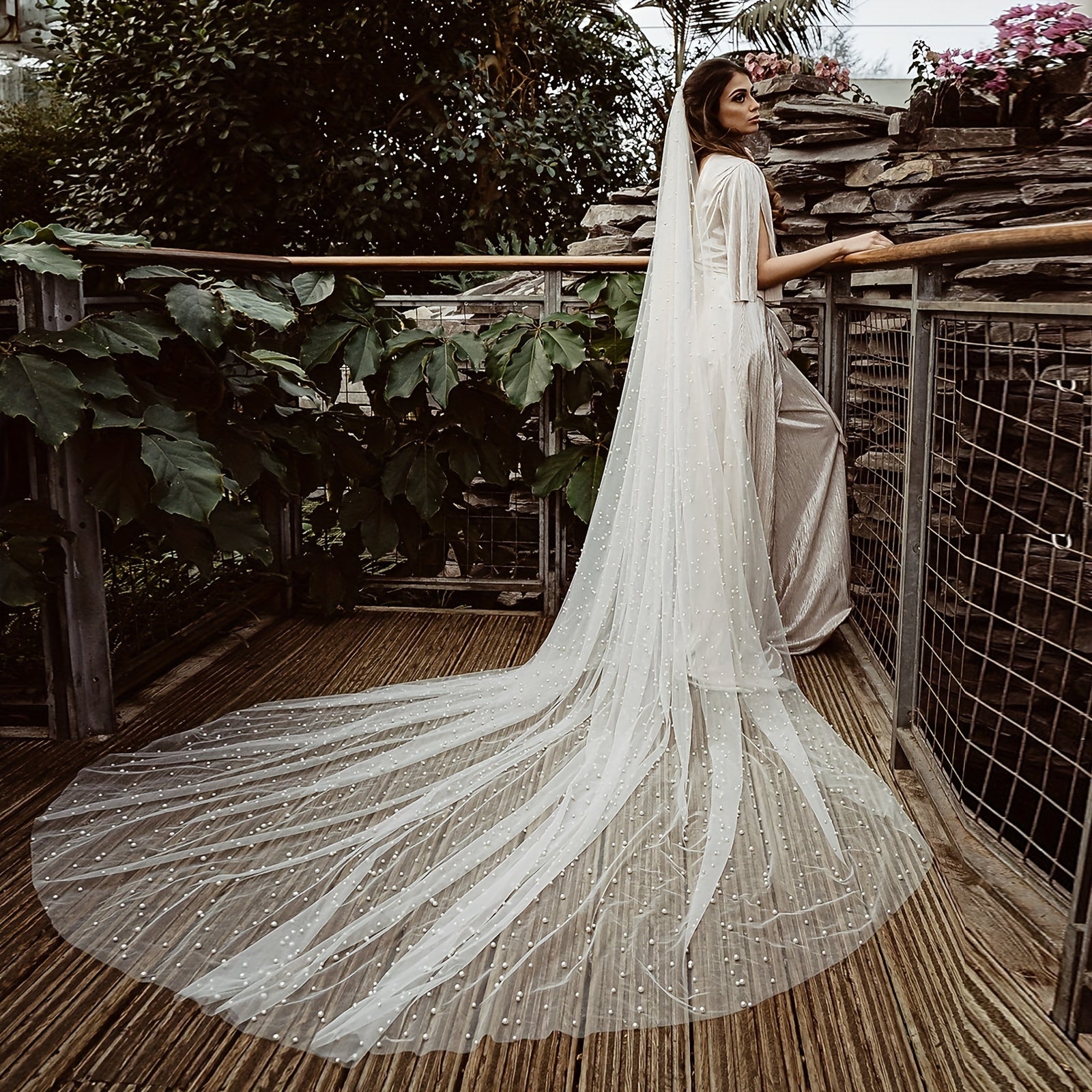 Bridal Veil with Rhinestones Long Train Polyester Tulle Hand Wash