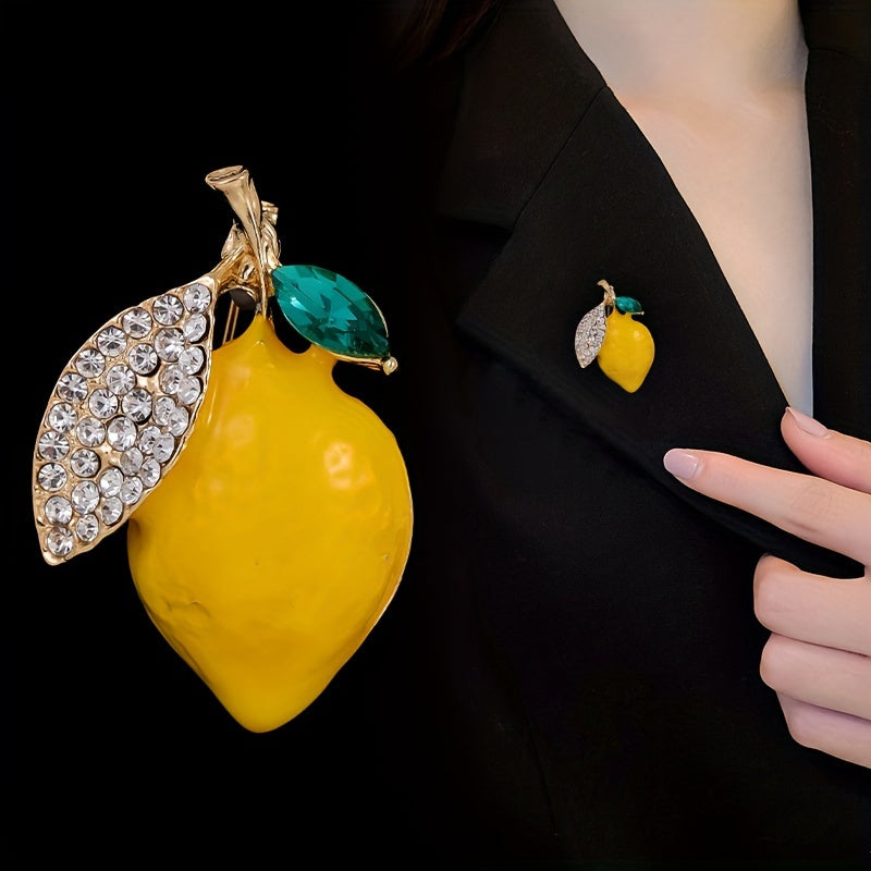 Unisex Lemon Brooch Pin in Korean Style with Rhinestones and Green Leaf Detail