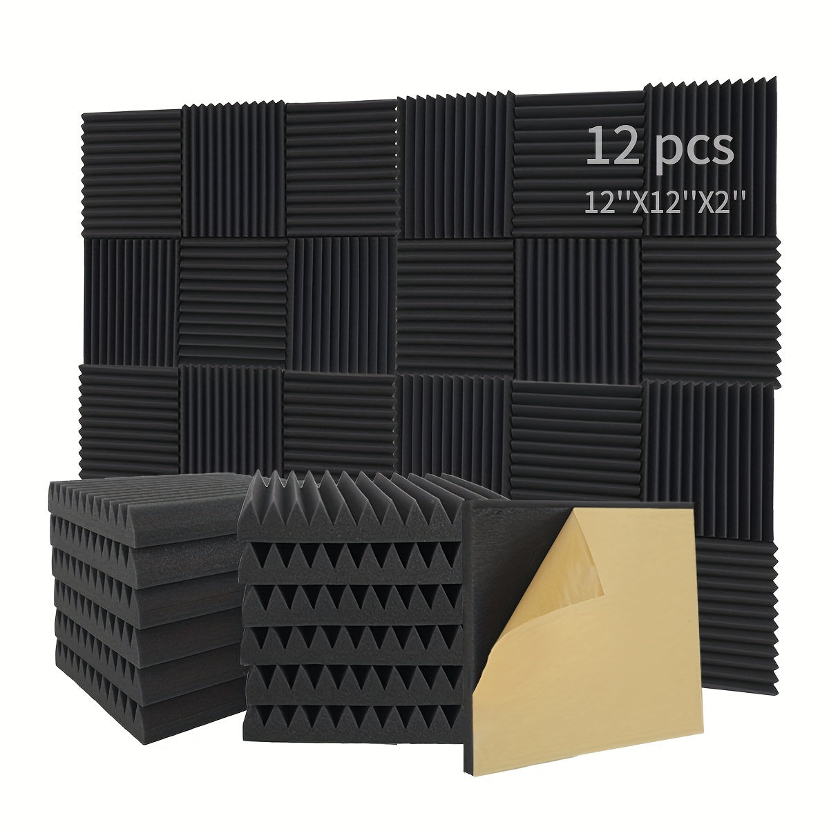 12-Pack Acoustic Foam Panels Self-Adhesive Soundproofing Tiles for Noise Reduction Black Grey 30.48cm x 30.48cm