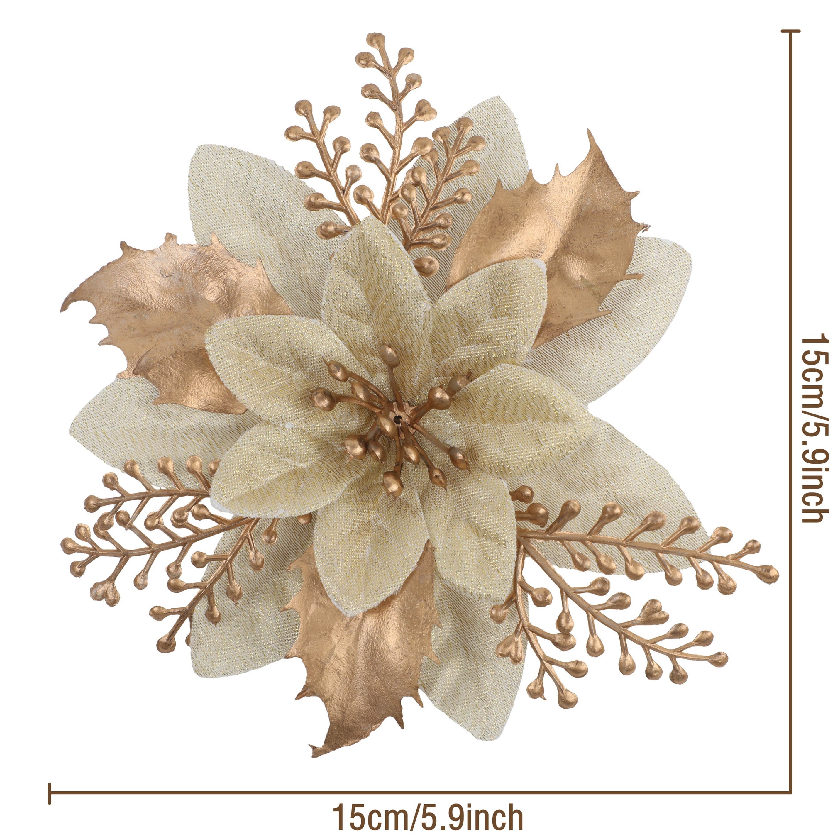 Conjunto de 12 flores artificiales de poinsettia en rojo y dorado para coronas y decoraciones navideñas