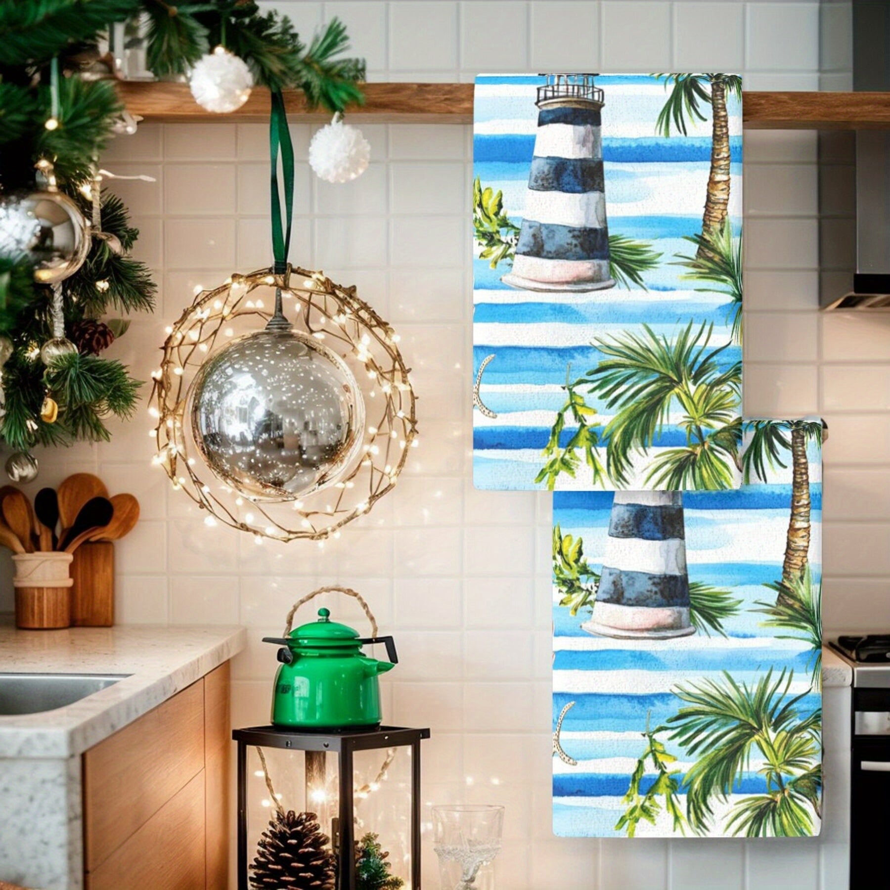 Set of 2 Tropical Lighthouse and Palm Tree Kitchen Towels Absorbent Polyester