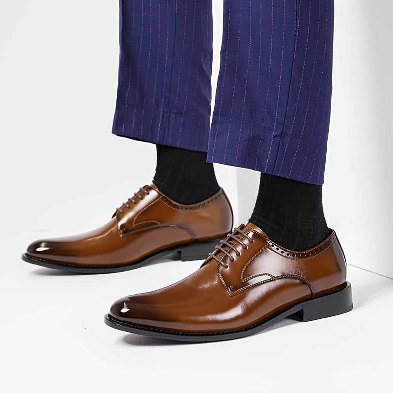 Men's Cowhide Derby Shoes Solid Color Plain Toe Non-Slip Rubber Sole Lace-Up Casual Dress