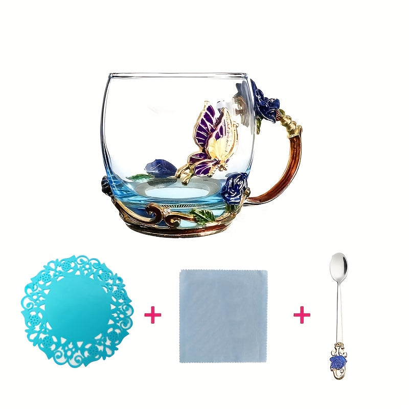 11.8oz Glass Tea Cup Set with Coaster and Spoon Elegant Flower Pattern for Coffee Water