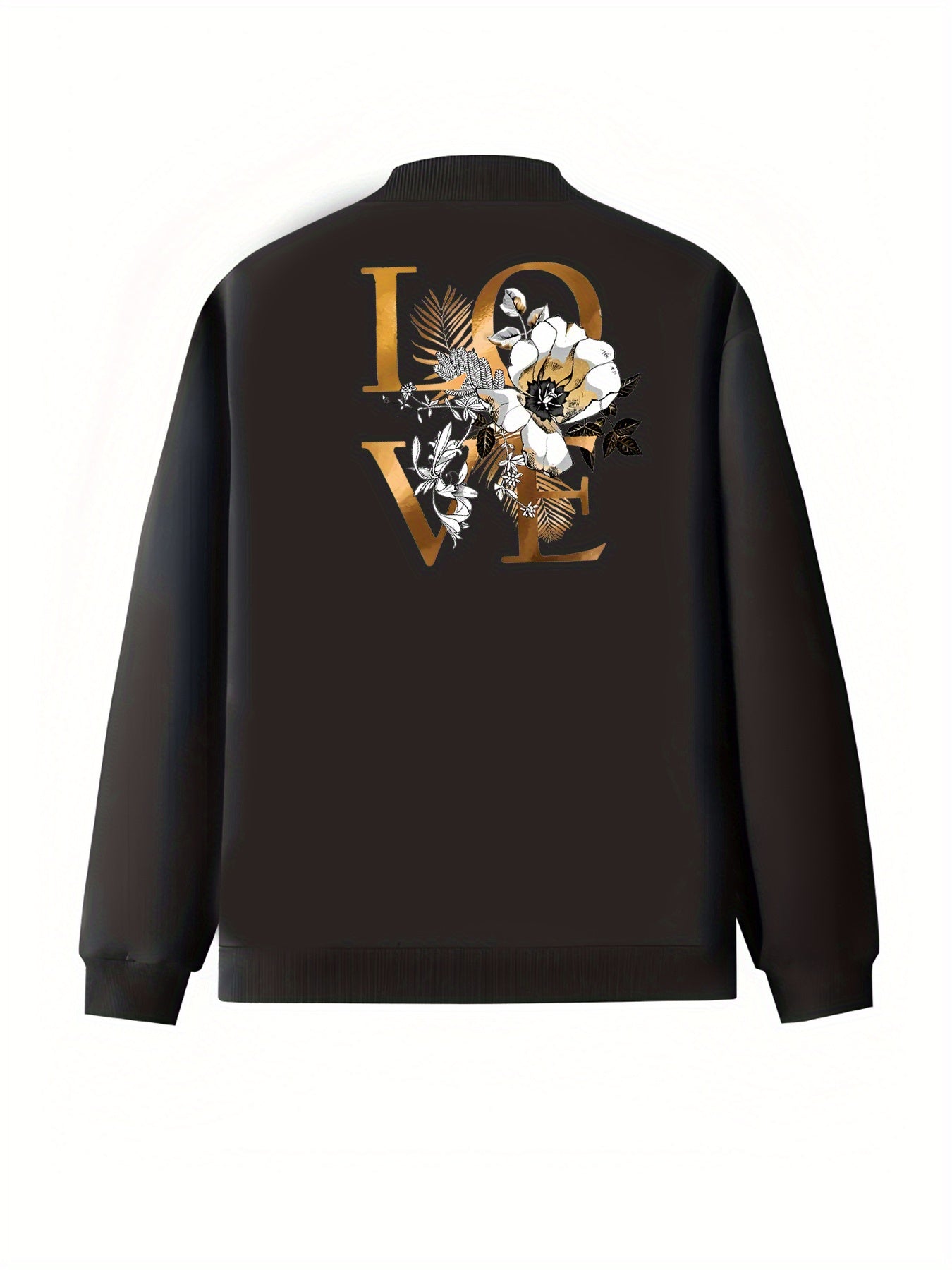 Plus Size Women's Casual Baseball Collar Jacket Black Floral Long Sleeve Outerwear