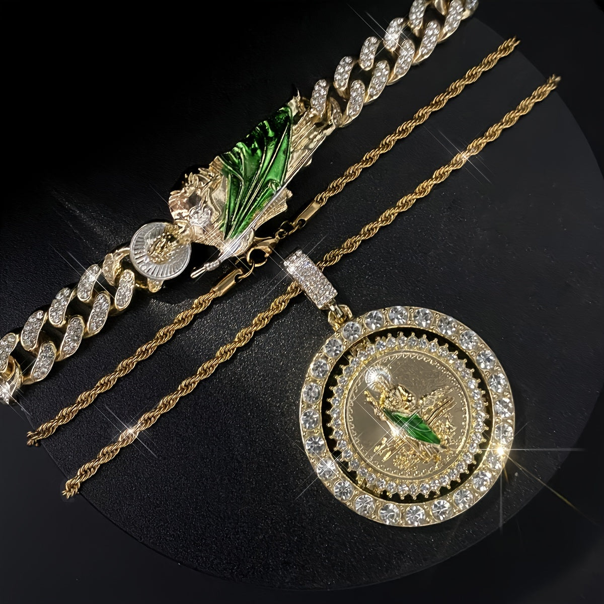 Uniseks zargarlik to'plami, zanglamaydigan po'latdan yasalgan diniy ramzlar, pendants va bilaguzuk, yashil emal bilan