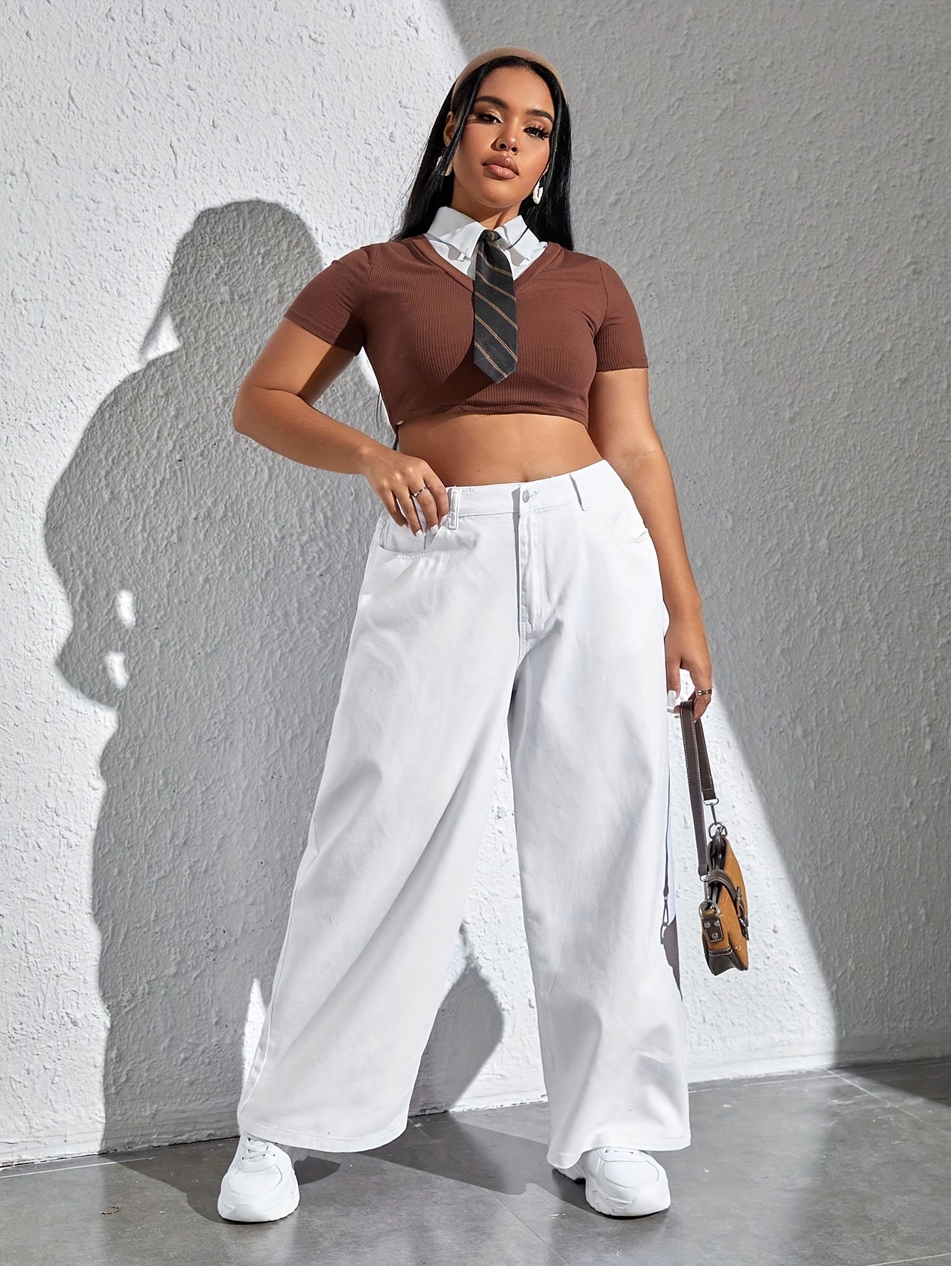 Plus Size Women's Wide Leg White Jeans with Slash Pockets Cotton Casual All-Season