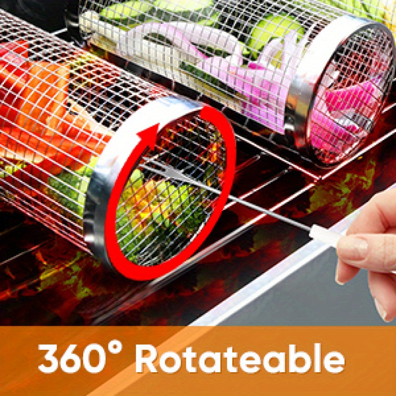 Large Stainless Steel Rolling Grilling Basket for Outdoor BBQ and Camping