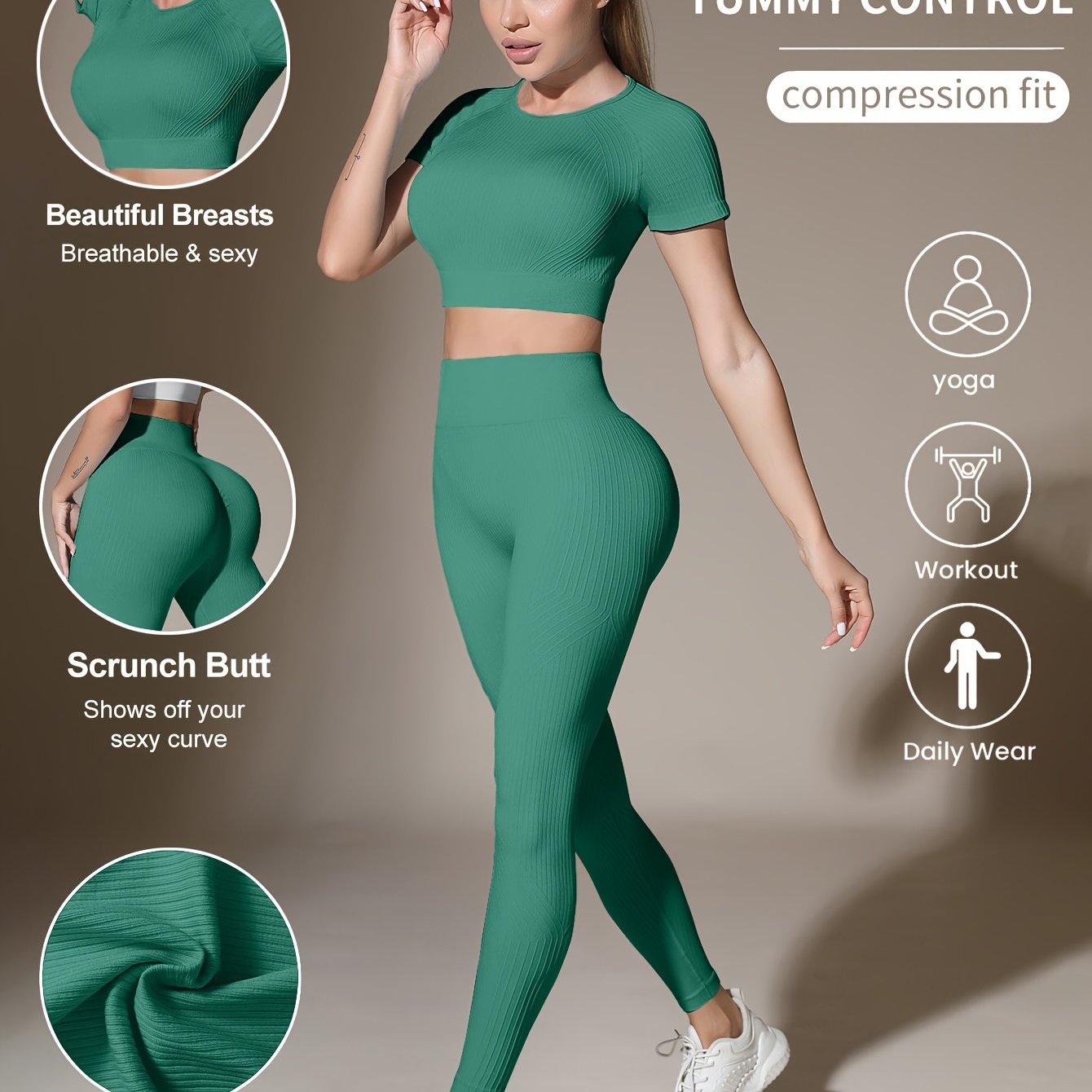 Women's Activewear Set for Workout and Running Breathable Yoga Top High Waist Leggings Solid Color