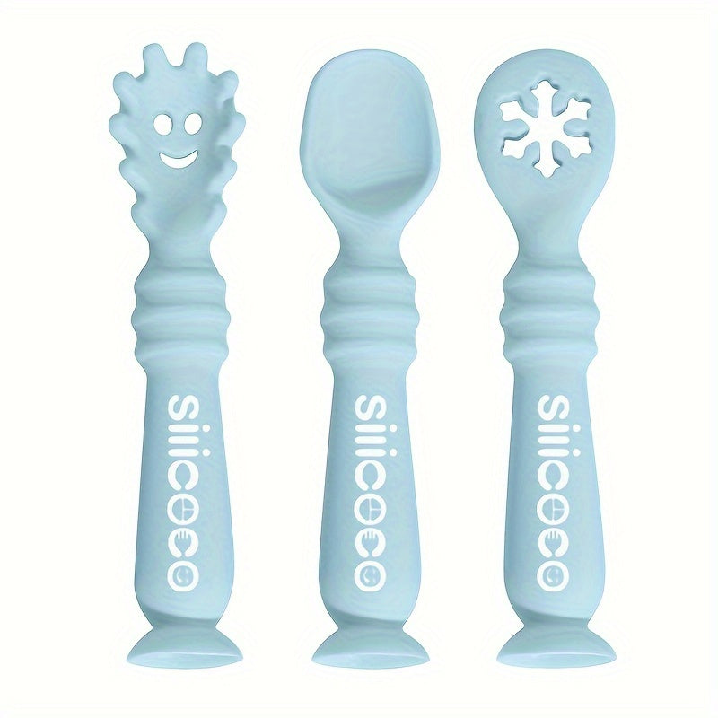 Juego de utensilios de silicona para niños de 3 piezas con diseño de cara feliz, no tóxico, seguro para microondas y lavavajillas