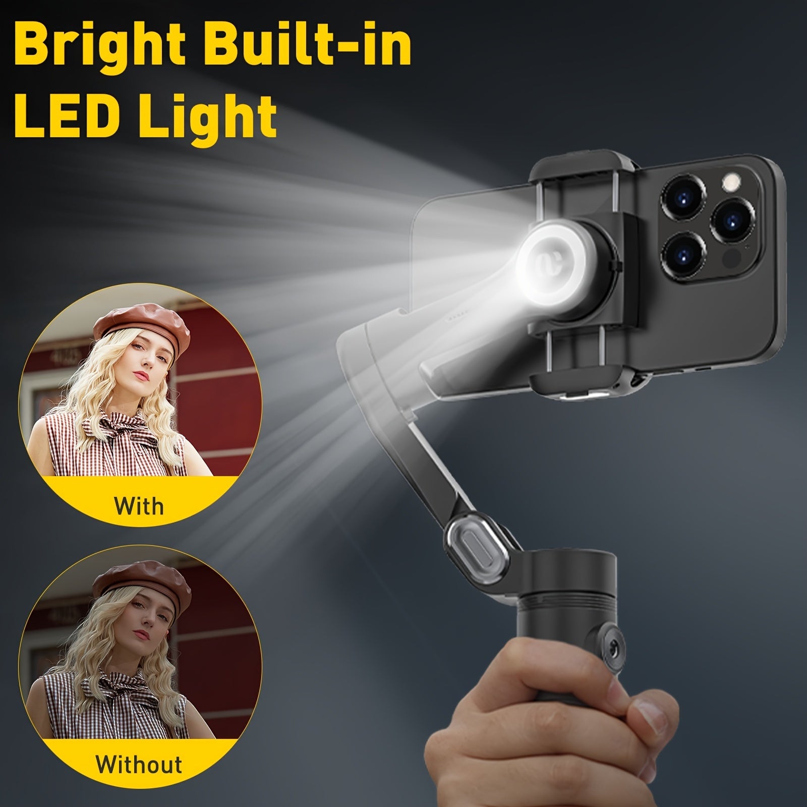 Estabilizador de gimbal para smartphone con luz LED integrada, plegable de 3 ejes para vlogging en iPhone y Android