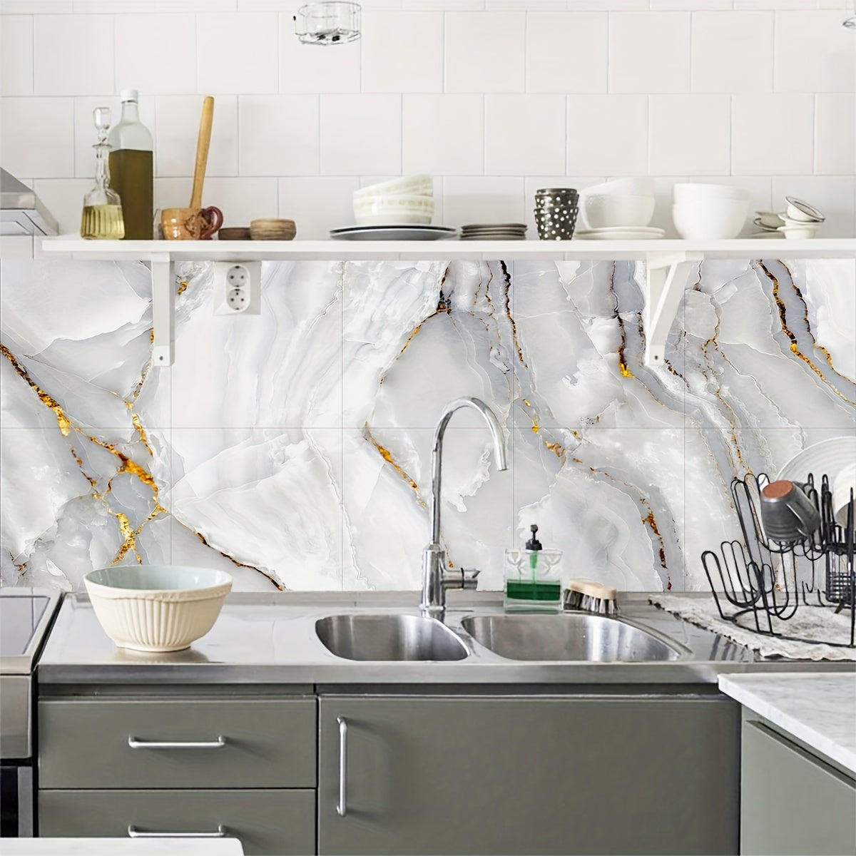 Waterproof Marble Pattern PVC Floor Stickers for Kitchen Decor, 10 Pieces