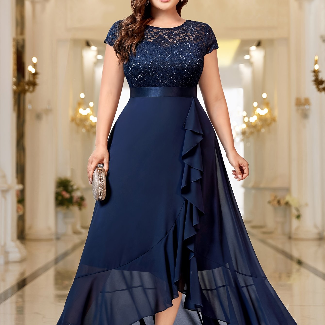 Plus Size Women's Long Dress with Sequin Lace Ruffle Hem Formal Party