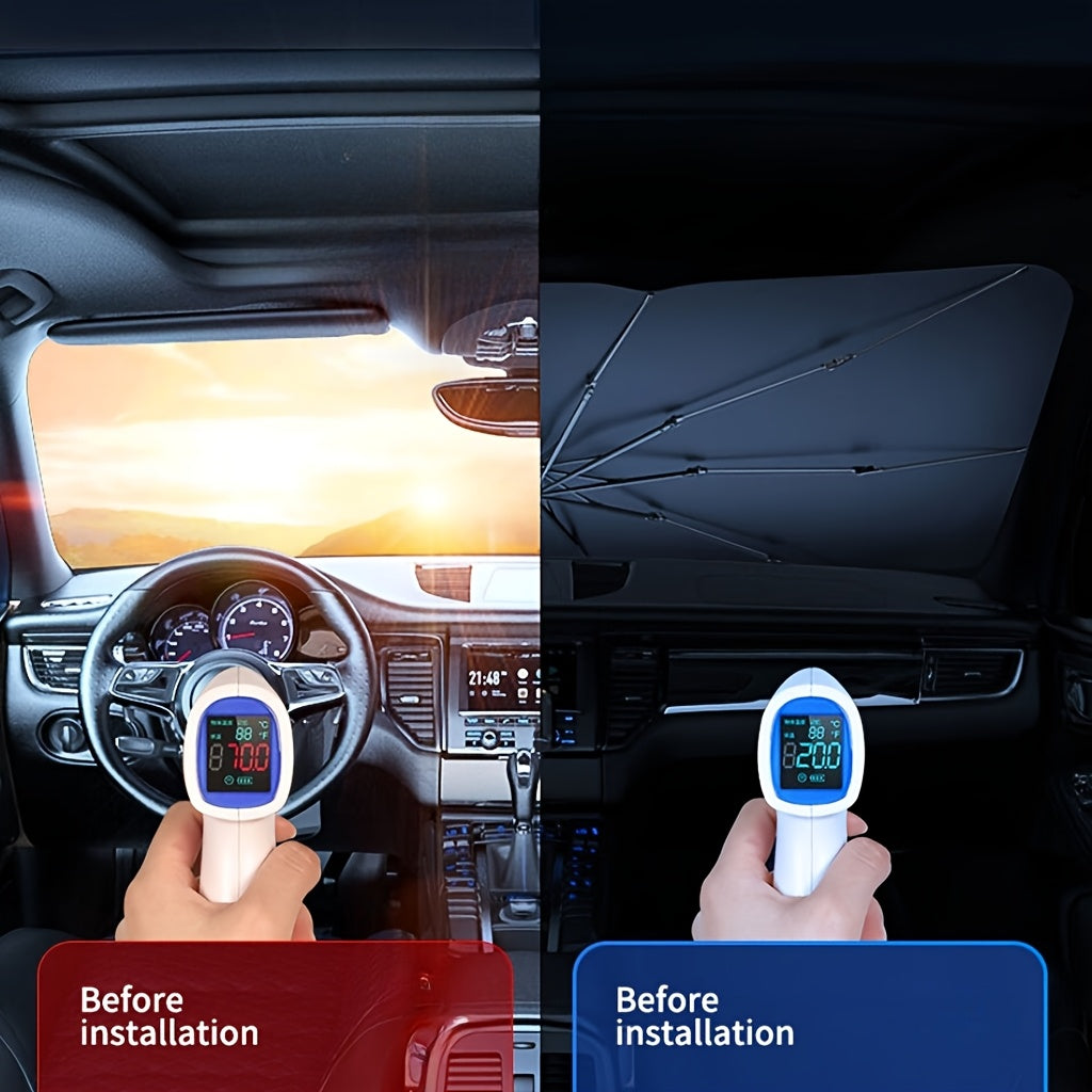 Qayriladigan avtomobil quyosh soyasi umbrella UV himoyasini ta'minlaydi va ko'p avtomobillar uchun issiqlikni to'sadi, foydalanish va saqlash oson.