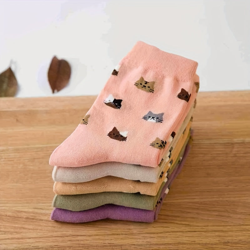 Women’s Cotton Cat Cartoon Socks 5 Pairs Mid-Calf Fall Winter Cozy Multi-Color