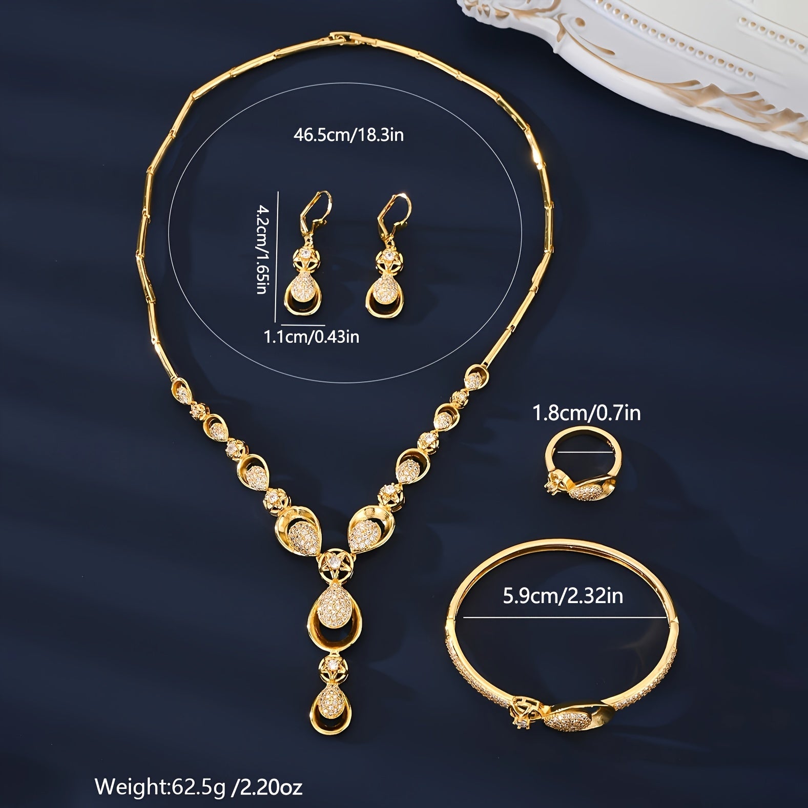 Juego de joyería de 5 piezas con baño de oro de 18K, piedras de zirconia, collar, pendientes, pulsera y anillo para mujer