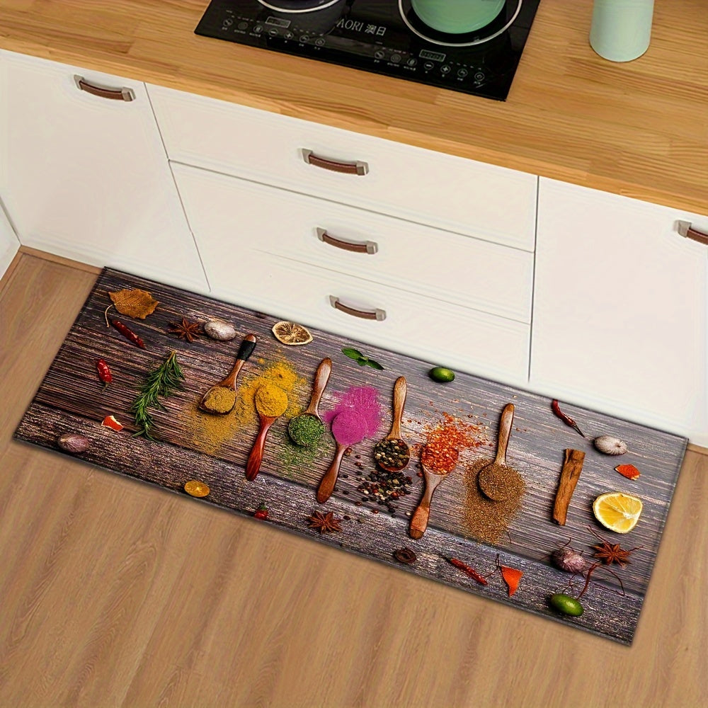 Yuzasi sirpanmaydigan oshxona matosi, yog'och donasi va ziravorlar naqshiga ega - namni o'zlashtiruvchi, tozalash oson bo'lgan yo'l matosi, uy dekoratsiyasi uchun, hammom, yotoqxona va yashash xonasi uchun ideal.