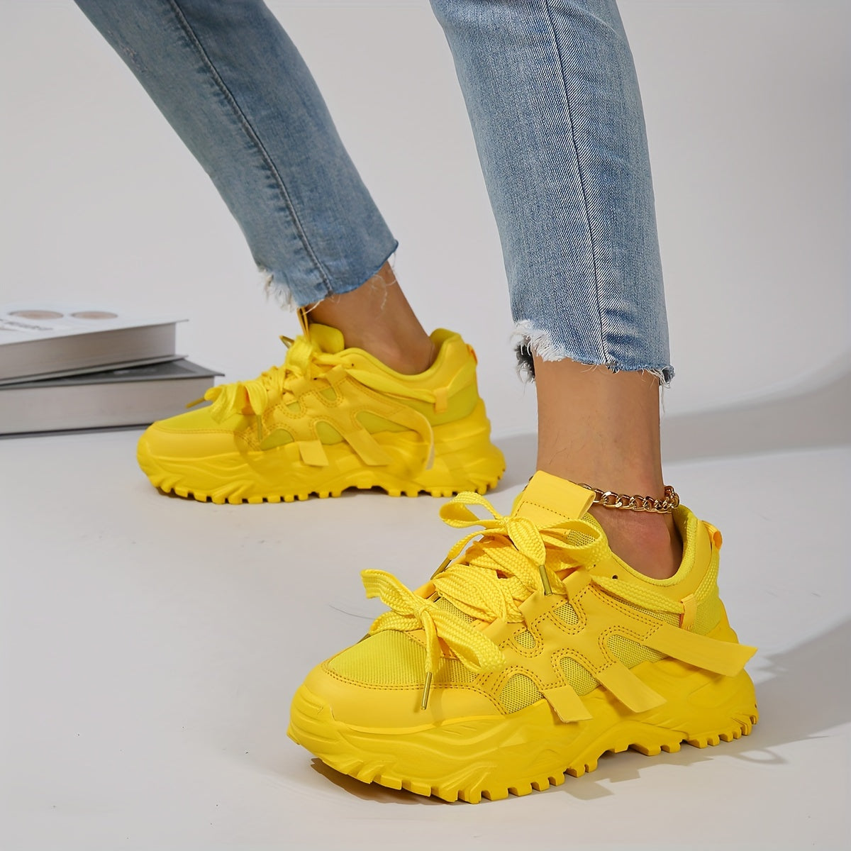 Ladies Casual Chunky Sneakers Bright Yellow Wide Lace-Up Athletic Shoes