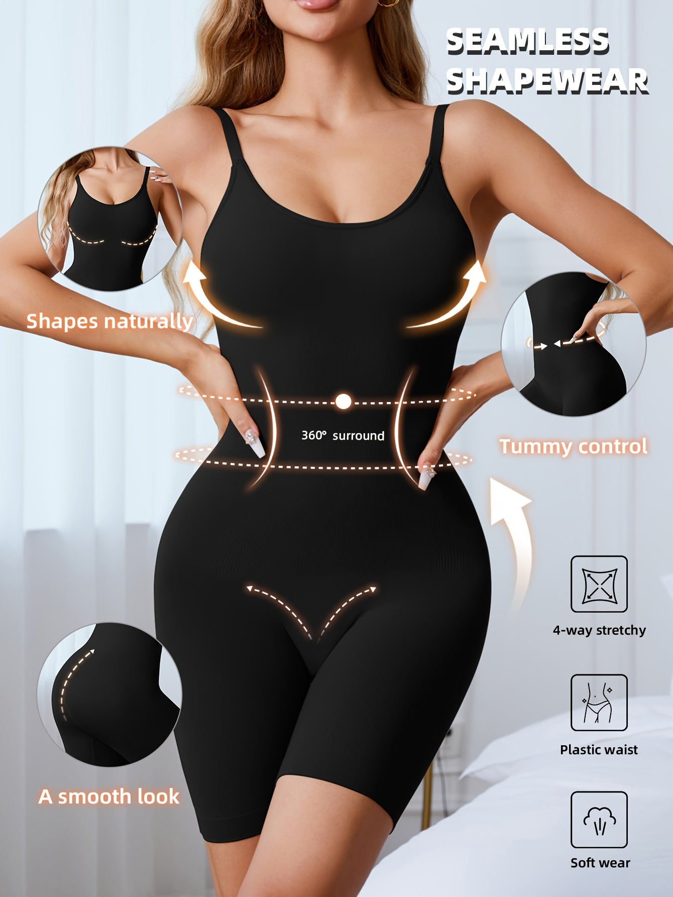 Women's Black High Support Seamless Knit Shapewear Bodysuit Without Padding