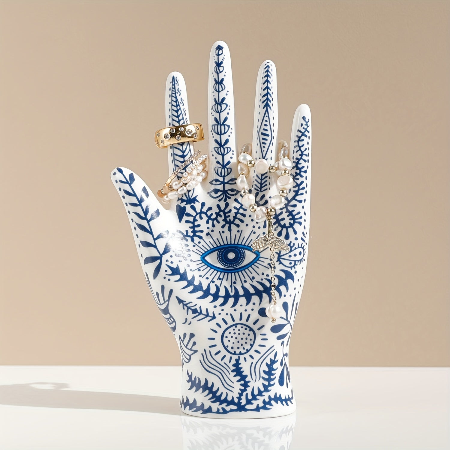 Ceramic Hamsa Ring Holder for Jewelry Display and Evil Eye Protection